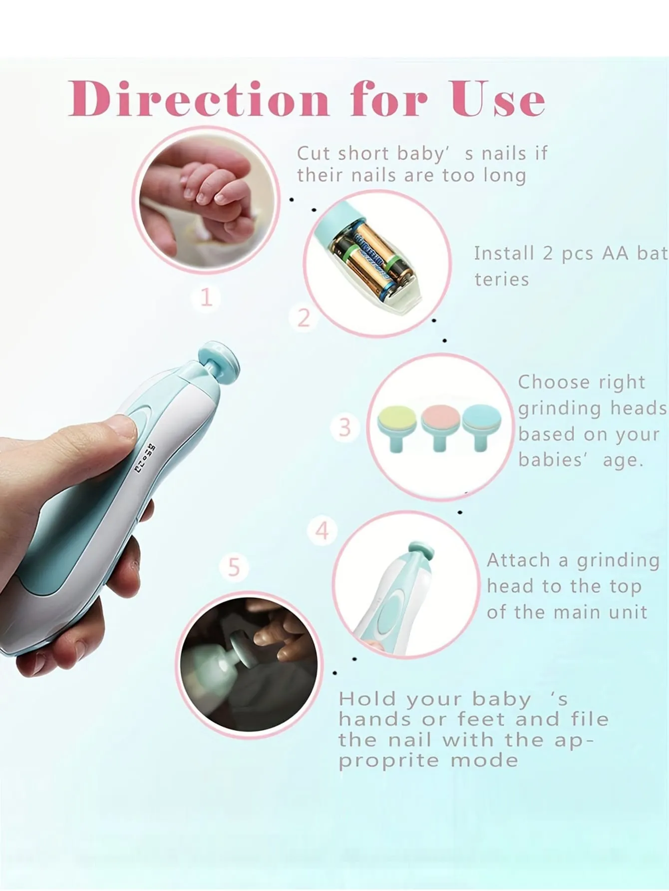 1 Set Baby Electric Nail File With 6 Grinding Heads And Storage Box FD