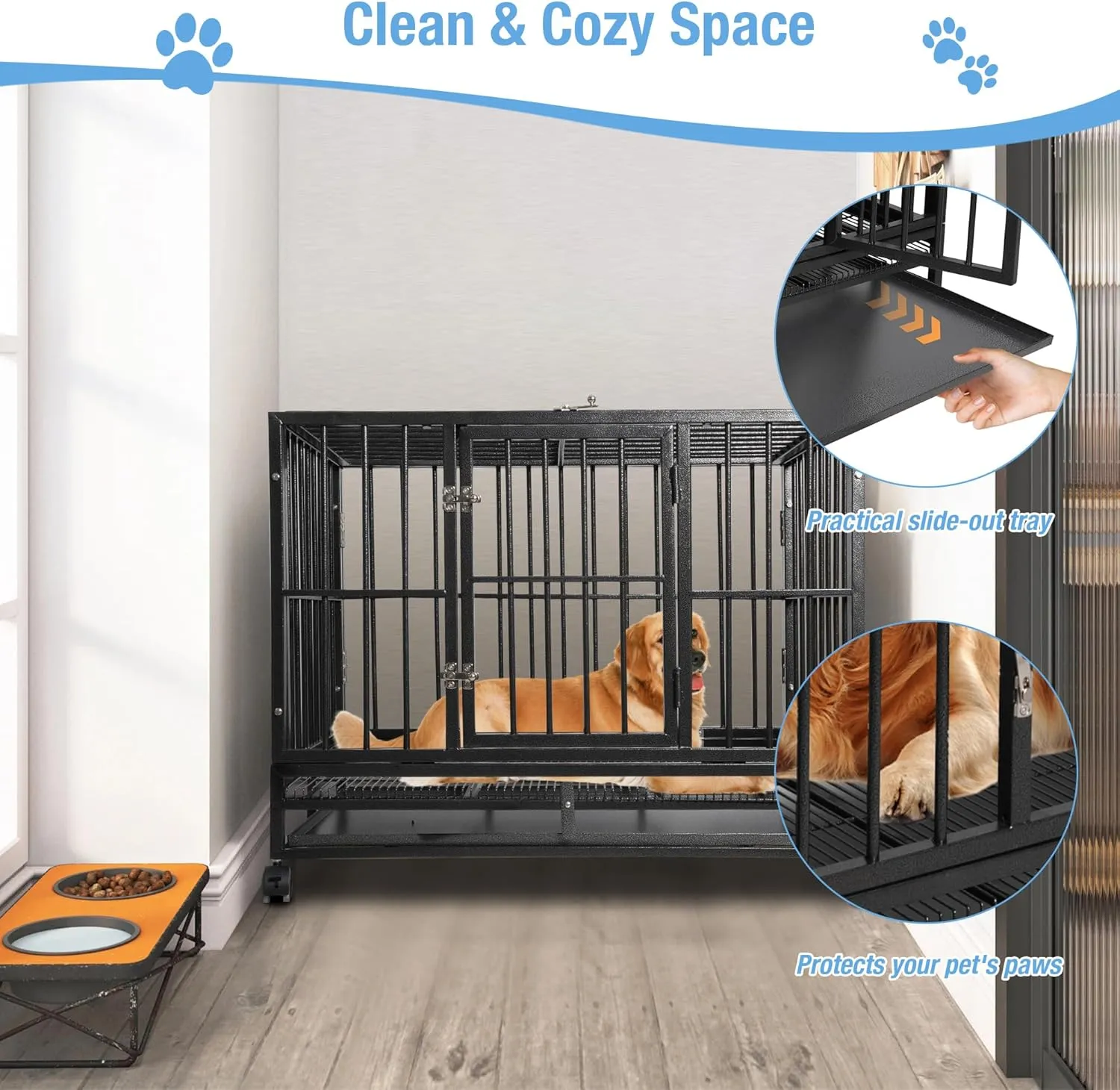 37 Inch Heavy-Duty Dog Crate - Extra Large Indestructible Dog Cage for Medium & Large Dogs - Metal Kennel Cage with Double Doors, Removable Tray and 4 Wheels - Black