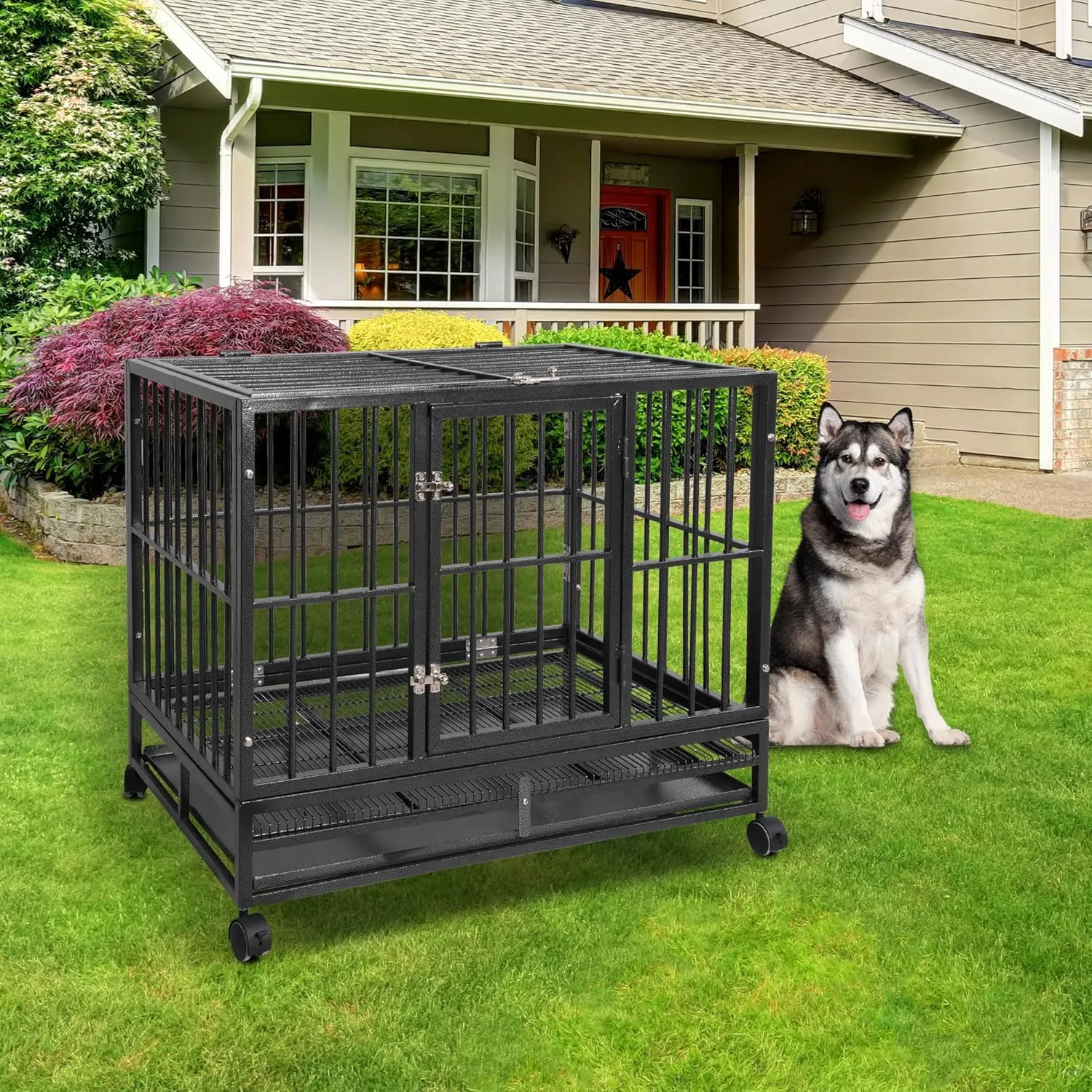37 Inch Heavy-Duty Dog Crate - Extra Large Indestructible Dog Cage for Medium & Large Dogs - Metal Kennel Cage with Double Doors, Removable Tray and 4 Wheels - Black