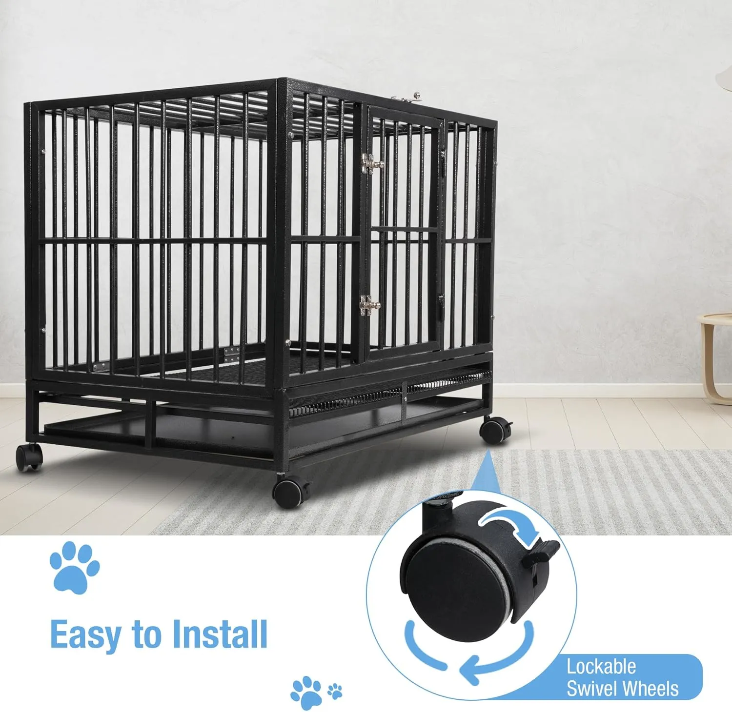 37 Inch Heavy-Duty Dog Crate - Extra Large Indestructible Dog Cage for Medium & Large Dogs - Metal Kennel Cage with Double Doors, Removable Tray and 4 Wheels - Black