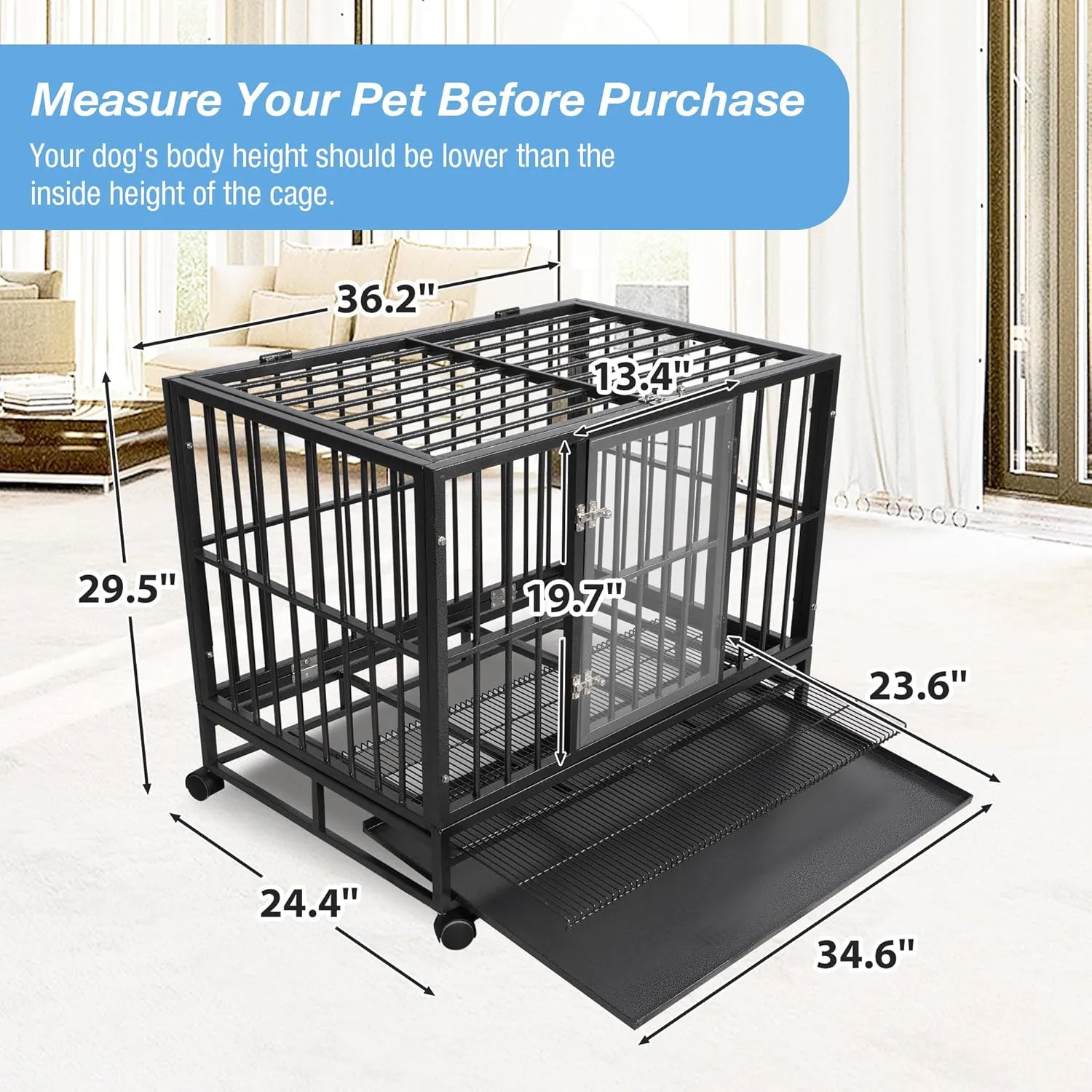 37 Inch Heavy-Duty Dog Crate - Extra Large Indestructible Dog Cage for Medium & Large Dogs - Metal Kennel Cage with Double Doors, Removable Tray and 4 Wheels - Black