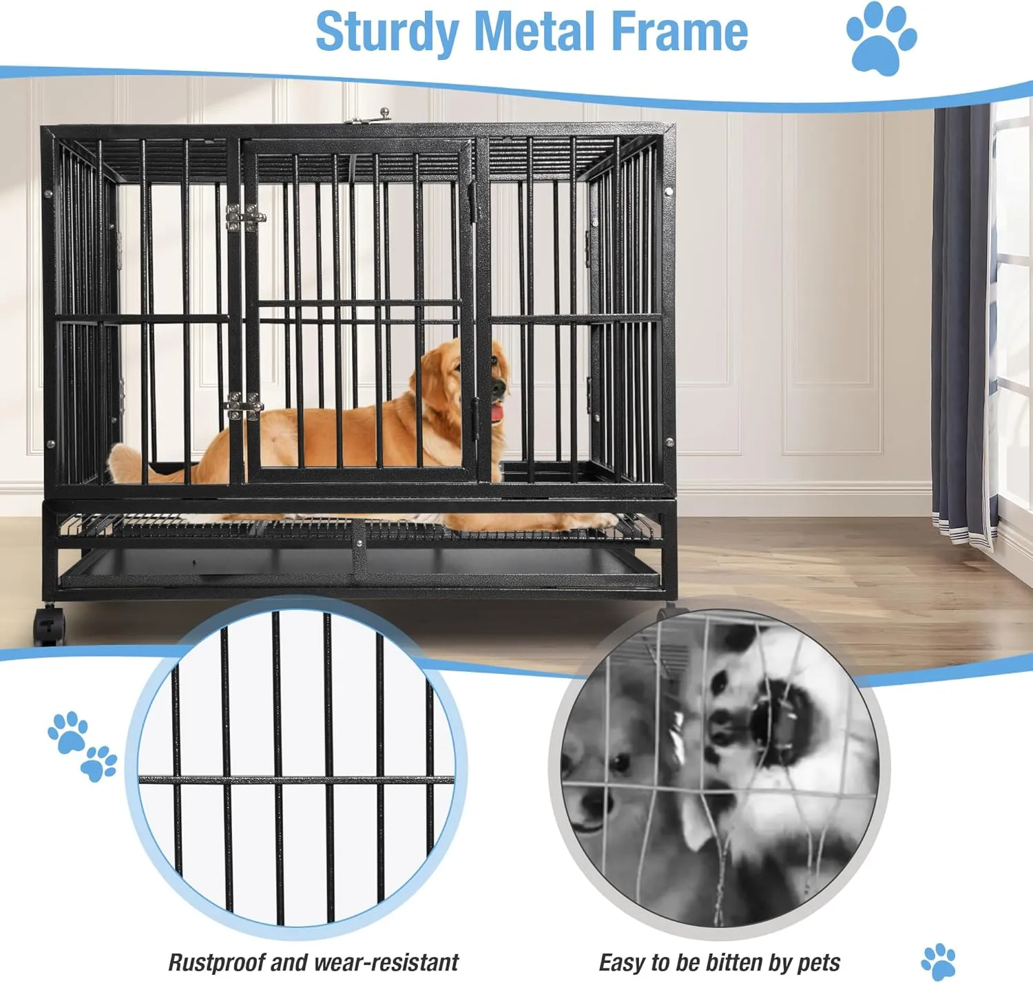 37 Inch Heavy-Duty Dog Crate - Extra Large Indestructible Dog Cage for Medium & Large Dogs - Metal Kennel Cage with Double Doors, Removable Tray and 4 Wheels - Black