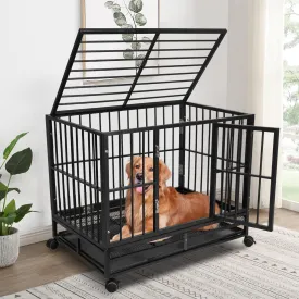 37 Inch Heavy-Duty Dog Crate - Extra Large Indestructible Dog Cage for Medium & Large Dogs - Metal Kennel Cage with Double Doors, Removable Tray and 4 Wheels - Black