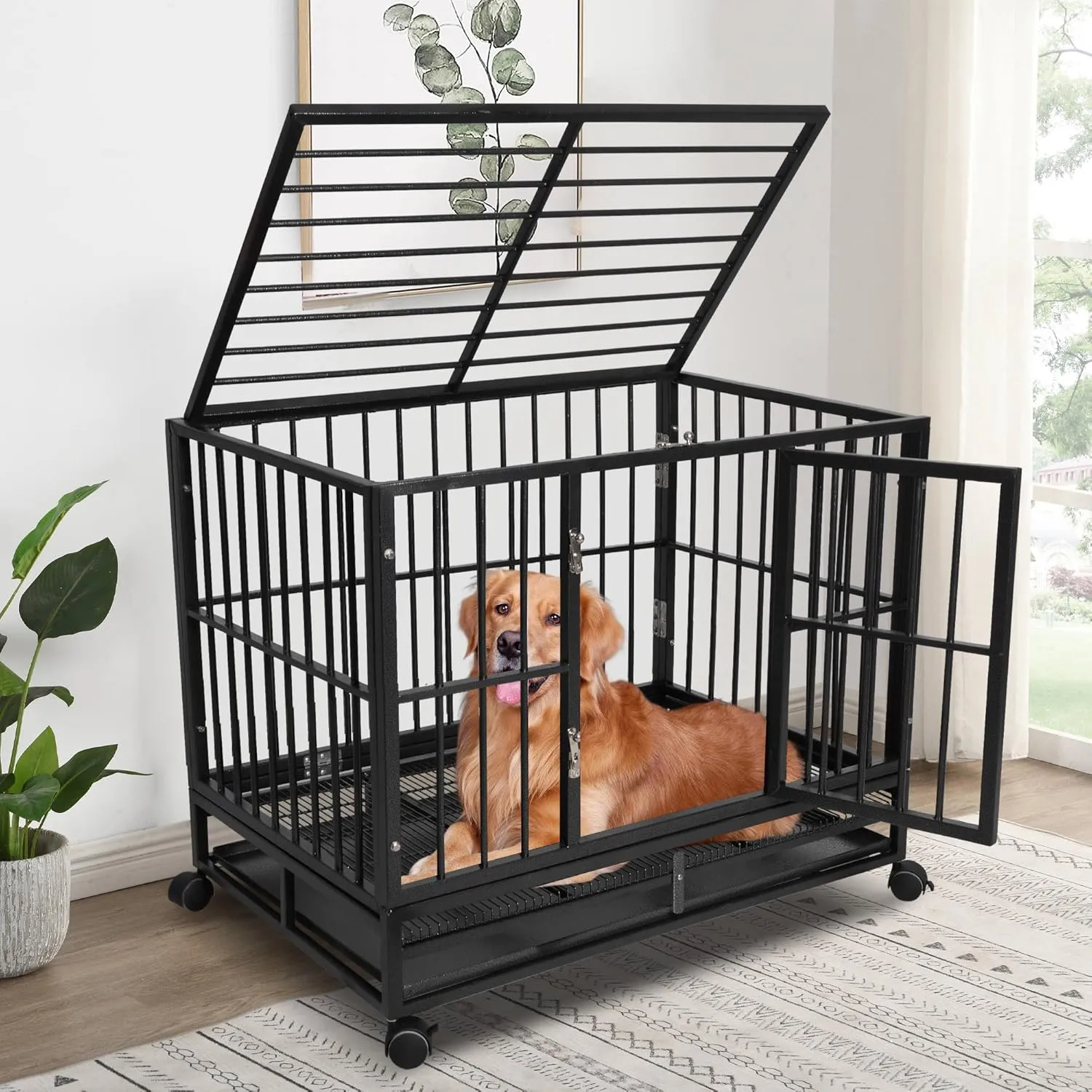 37 Inch Heavy-Duty Dog Crate - Extra Large Indestructible Dog Cage for Medium & Large Dogs - Metal Kennel Cage with Double Doors, Removable Tray and 4 Wheels - Black