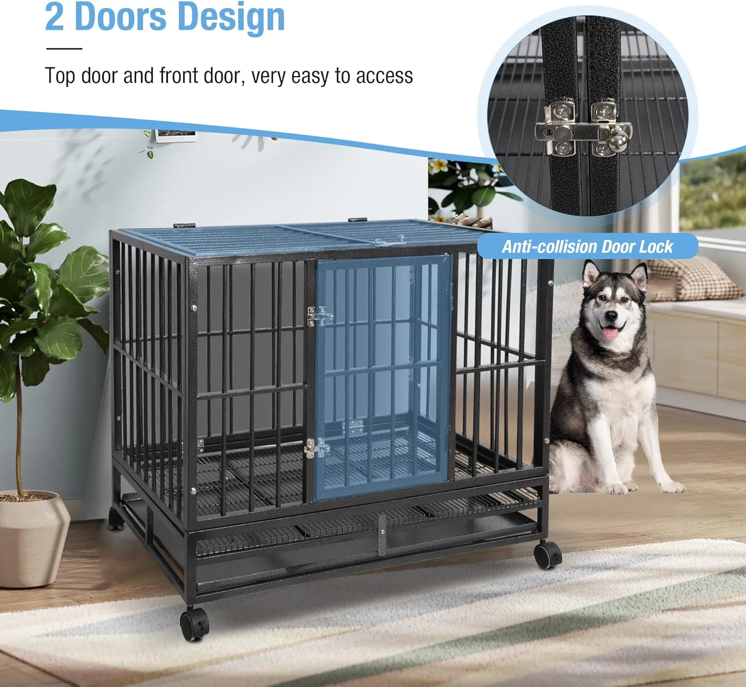 37 Inch Heavy-Duty Dog Crate - Extra Large Indestructible Dog Cage for Medium & Large Dogs - Metal Kennel Cage with Double Doors, Removable Tray and 4 Wheels - Black