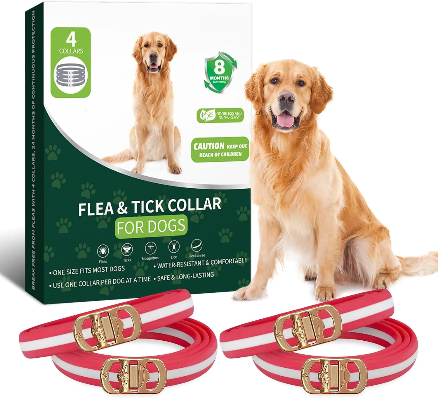 4 Pack Flea and Tick Collar for Dogs- Adjustable Dog Flea and Tick Collar- 32 Months Dog Flea and Tick Treatment - Water Resistant Dog Flea Collars for Puppy Small Medium Large Dog- Red & White