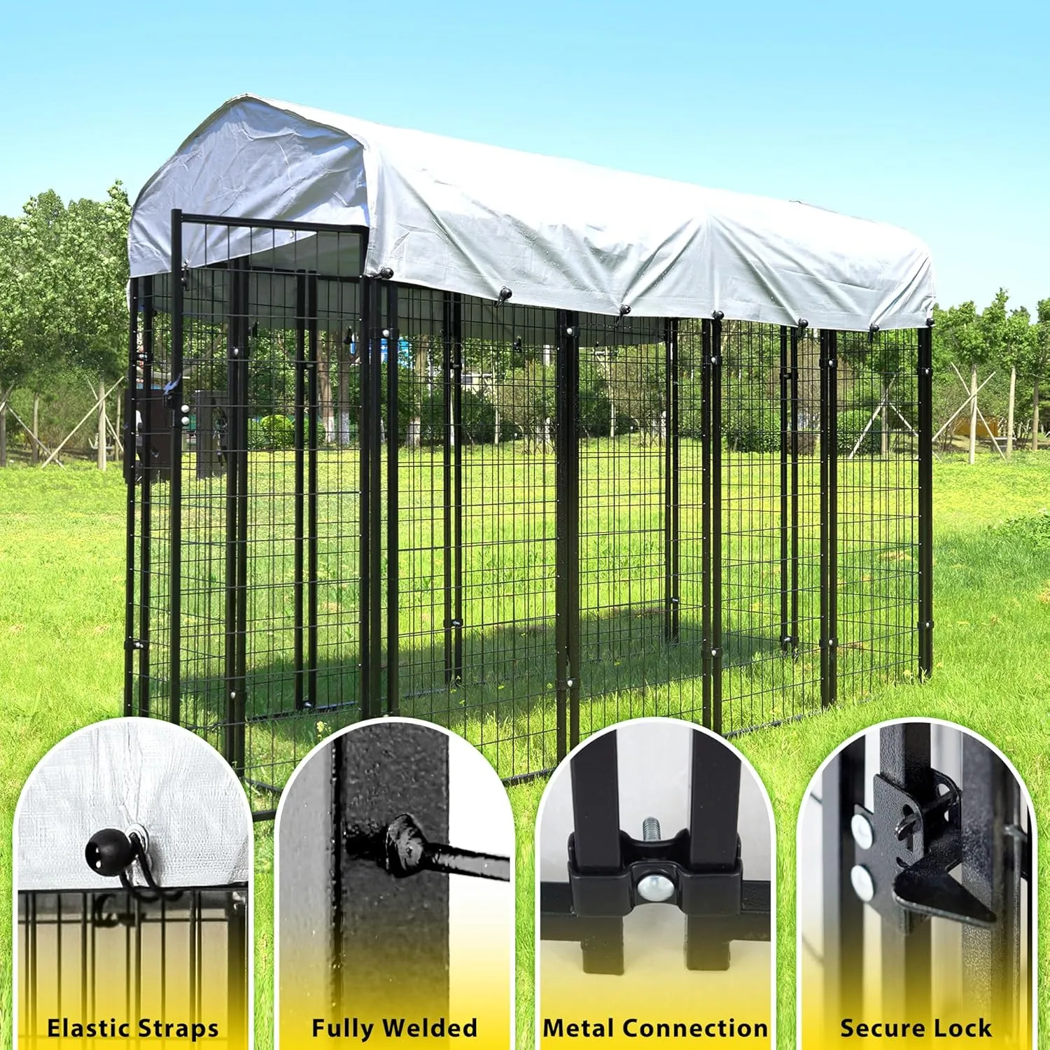 8'x4'x6' Large Outside Dog Kennel,Indoor Outdoor Dog Run Animal Enclosure Dog Pen House with Roof Cover Heavy Duty Welded Wire Steel Dog Playpen Fence Without Feeding Door