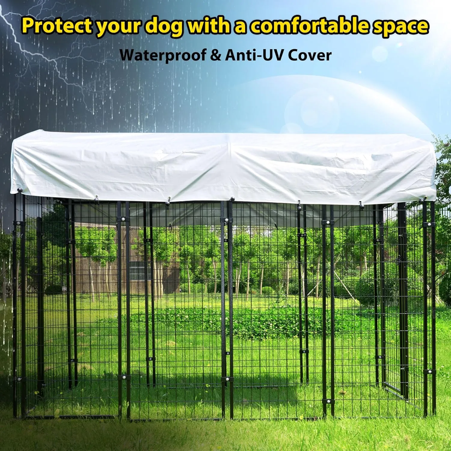 8'x4'x6' Large Outside Dog Kennel,Indoor Outdoor Dog Run Animal Enclosure Dog Pen House with Roof Cover Heavy Duty Welded Wire Steel Dog Playpen Fence Without Feeding Door