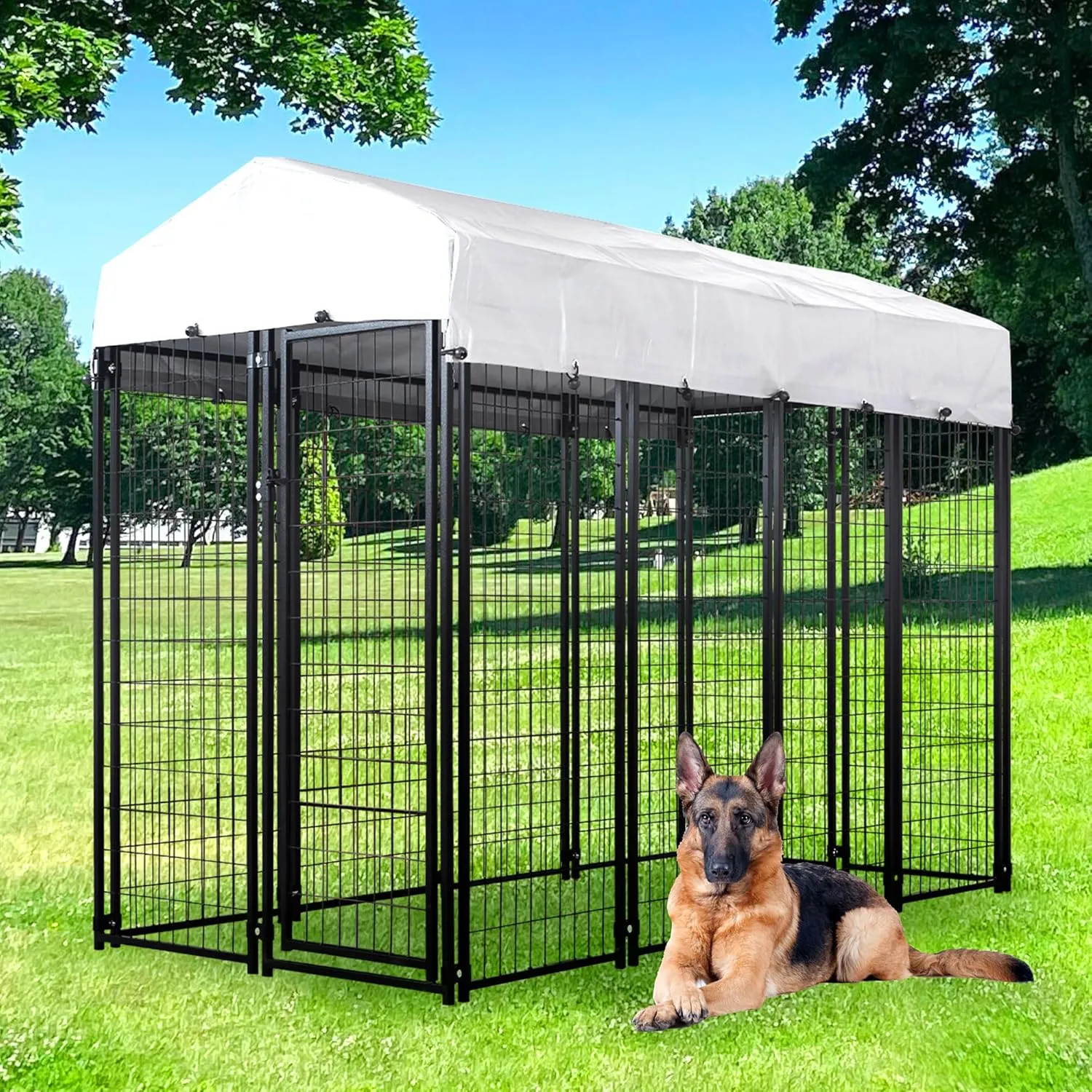 8'x4'x6' Large Outside Dog Kennel,Indoor Outdoor Dog Run Animal Enclosure Dog Pen House with Roof Cover Heavy Duty Welded Wire Steel Dog Playpen Fence Without Feeding Door