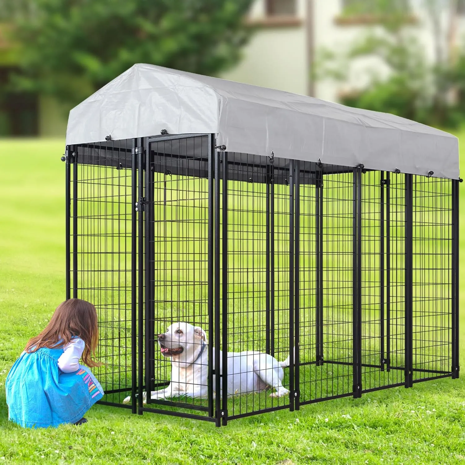8'x4'x6' Large Outside Dog Kennel,Indoor Outdoor Dog Run Animal Enclosure Dog Pen House with Roof Cover Heavy Duty Welded Wire Steel Dog Playpen Fence Without Feeding Door