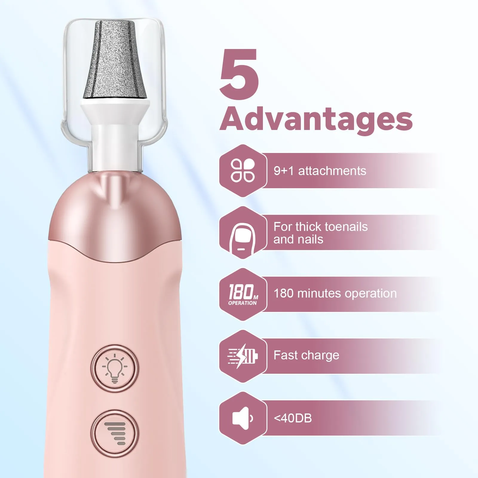 AOMEES Electric Nail File Set, Rechargeable Professional Manicure Pedicure Kit, 5 Speeds Hand Foot Care Tool for Nail Grind Trim Polish - with 100Pcs Nail Drill Bits Sanding Bands (Pink)