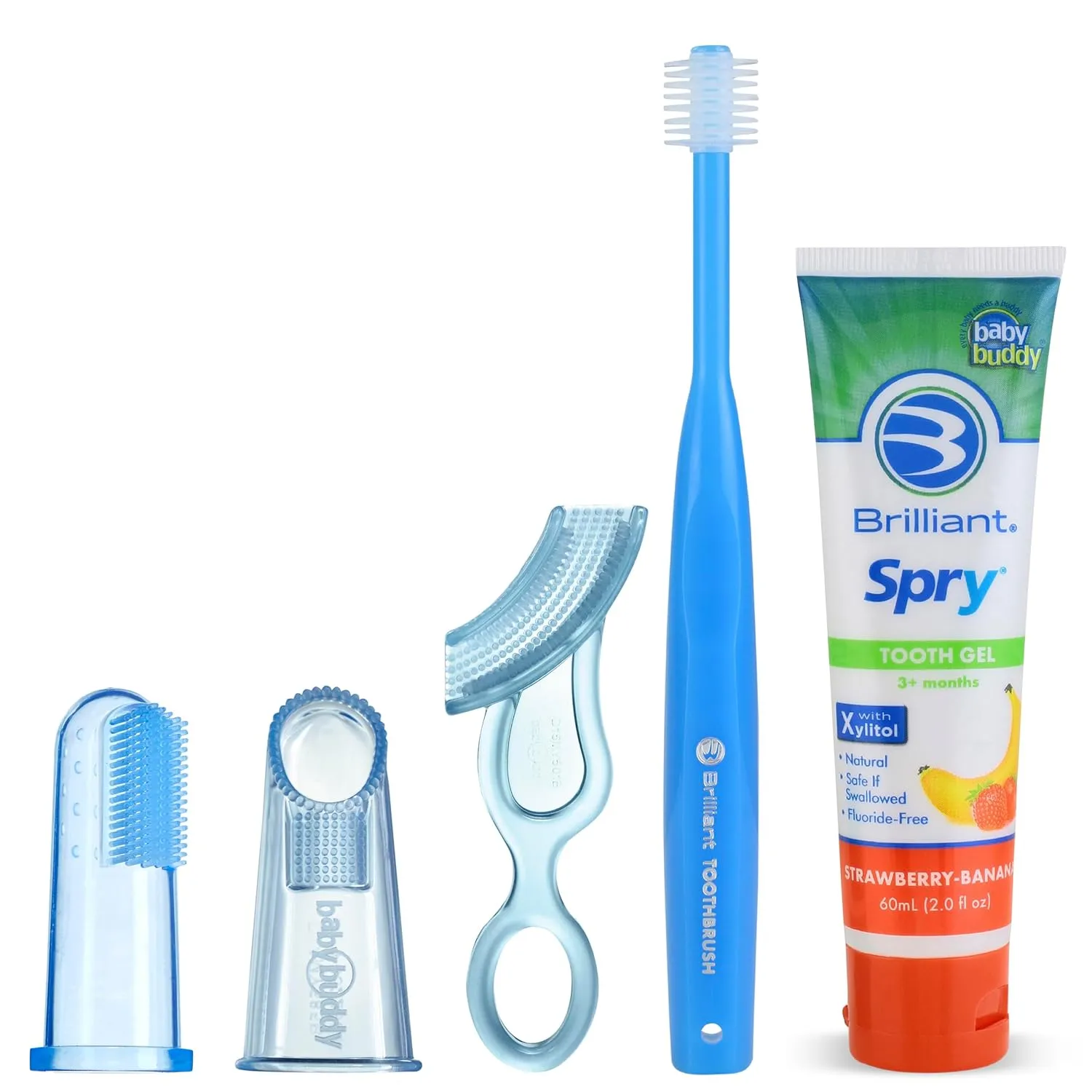 Baby Buddy Brilliant Infant Oral Care Set, 5 PC, Includes Tooth Gel, Finger Toothbrush, Wipe-N-Brush, Baby's 1st Toothbrush, Baby Toothbrush, Silicone Bristle Toothbrushes - Teethers, Blue