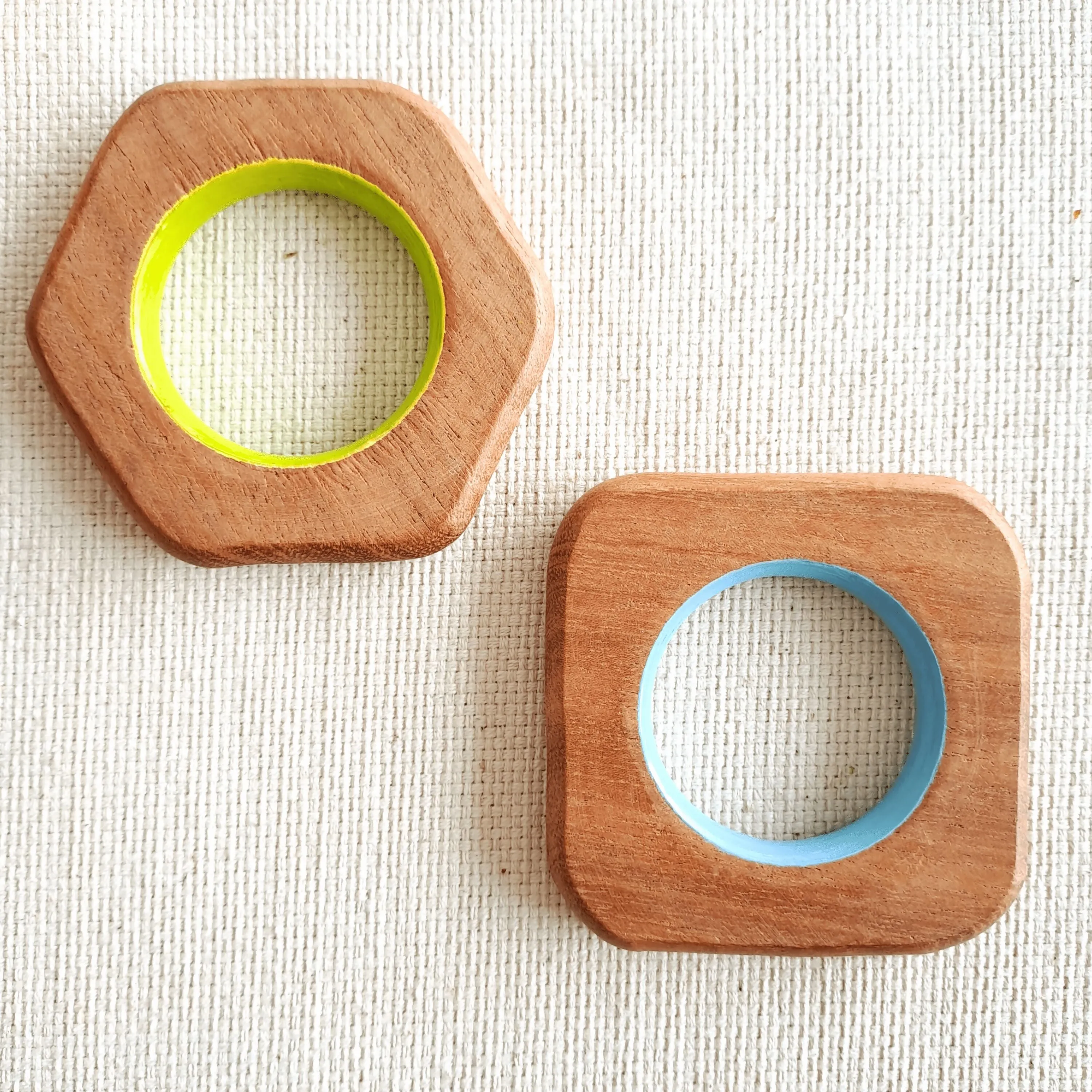 BABYCOV Cute Square and Hexagon Natural Neem Wood Teethers for Babies | Natural and Safe | Goodness of Organic Neem Wood | Both Chewing and Grasping Toy | Set of 2 (Age 4  Months)