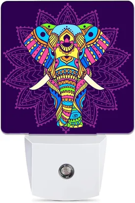Boho Purple Hippie Elephant Night Light, Dusk to Dawn Smart Sensor Nightlight for Bedroom Bathroom Kitchen Hallway Stairs Hallway, Plug-in, Energy Efficient Decor Desk Lamp Gifts