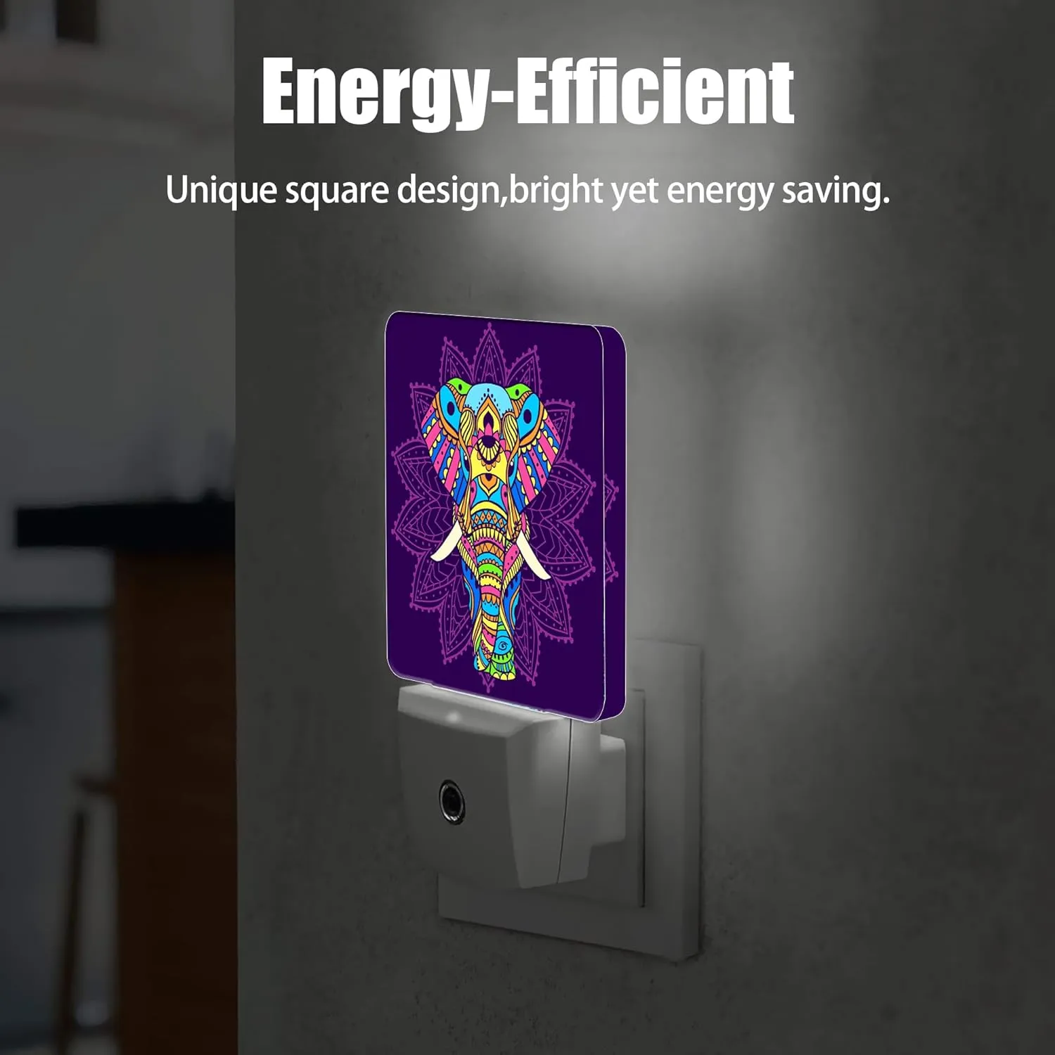 Boho Purple Hippie Elephant Night Light, Dusk to Dawn Smart Sensor Nightlight for Bedroom Bathroom Kitchen Hallway Stairs Hallway, Plug-in, Energy Efficient Decor Desk Lamp Gifts