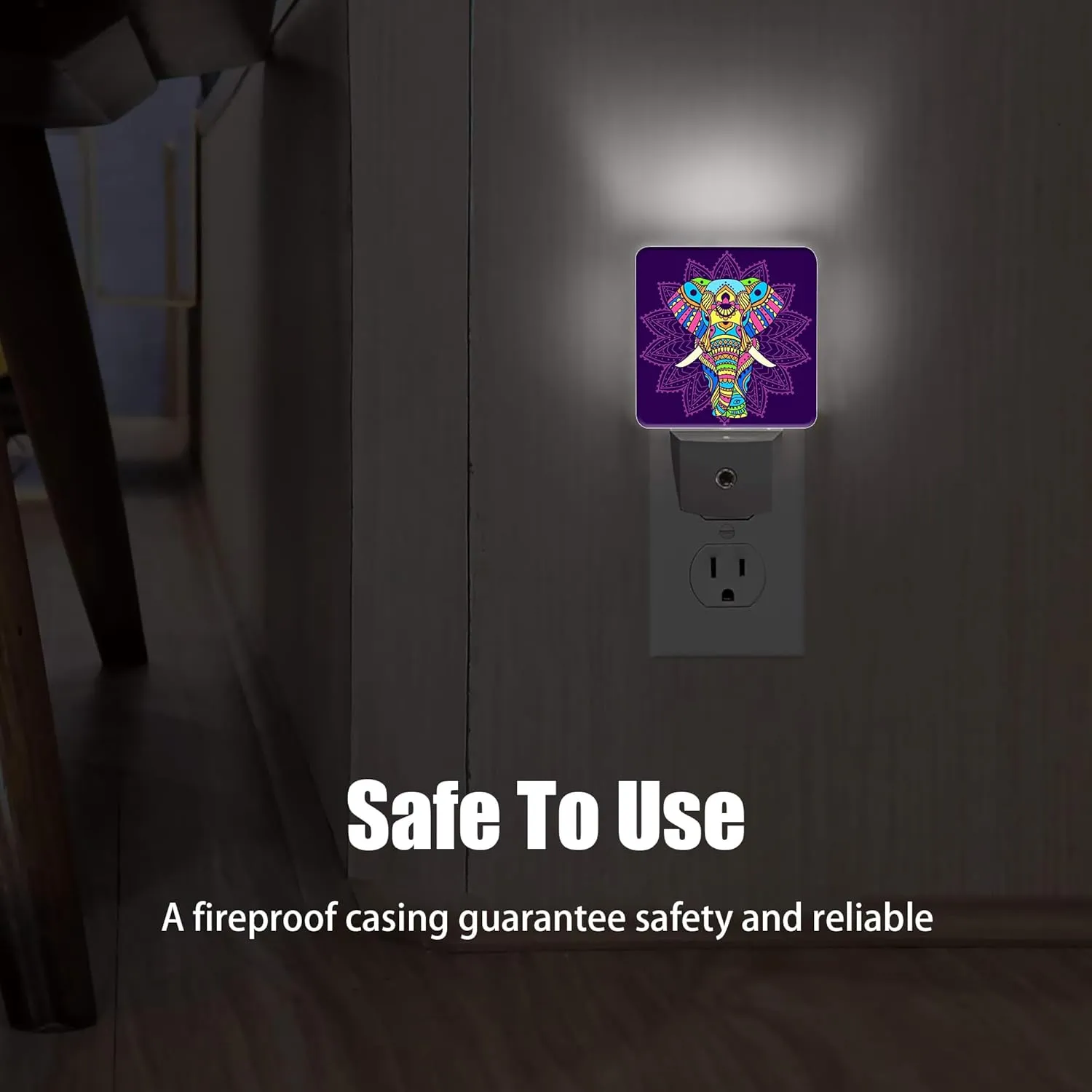 Boho Purple Hippie Elephant Night Light, Dusk to Dawn Smart Sensor Nightlight for Bedroom Bathroom Kitchen Hallway Stairs Hallway, Plug-in, Energy Efficient Decor Desk Lamp Gifts