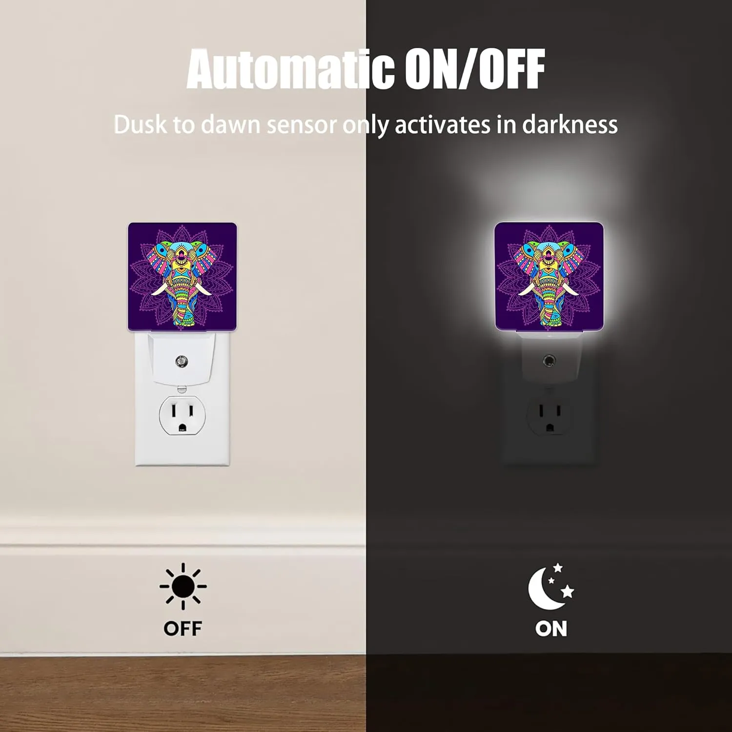 Boho Purple Hippie Elephant Night Light, Dusk to Dawn Smart Sensor Nightlight for Bedroom Bathroom Kitchen Hallway Stairs Hallway, Plug-in, Energy Efficient Decor Desk Lamp Gifts