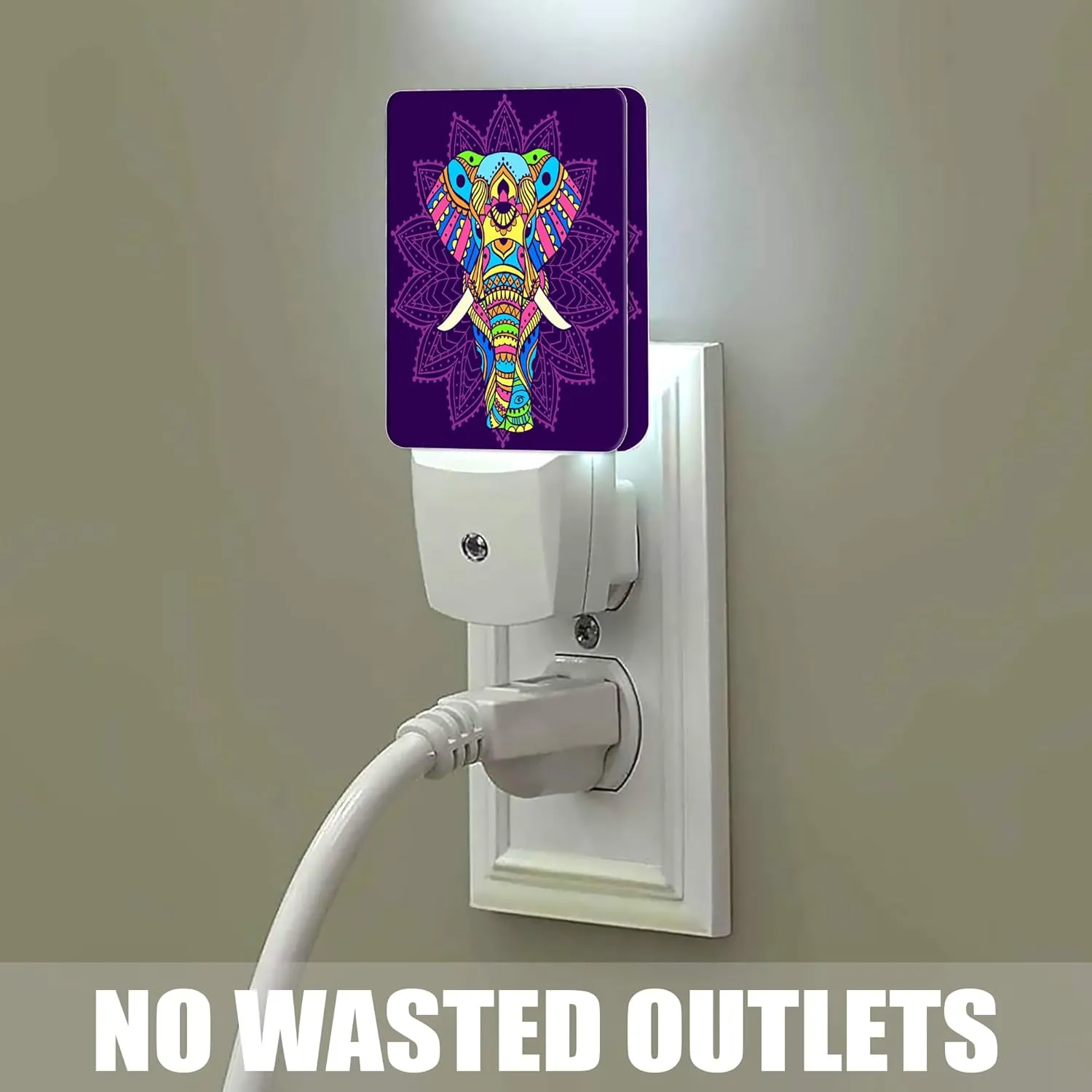 Boho Purple Hippie Elephant Night Light, Dusk to Dawn Smart Sensor Nightlight for Bedroom Bathroom Kitchen Hallway Stairs Hallway, Plug-in, Energy Efficient Decor Desk Lamp Gifts