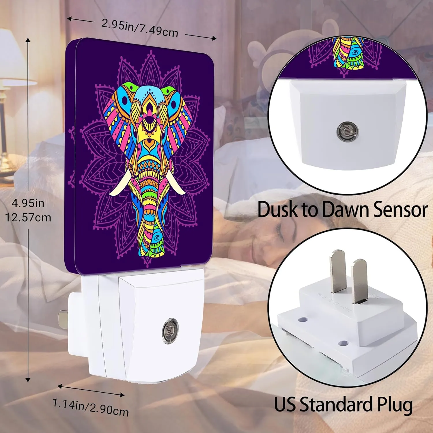 Boho Purple Hippie Elephant Night Light, Dusk to Dawn Smart Sensor Nightlight for Bedroom Bathroom Kitchen Hallway Stairs Hallway, Plug-in, Energy Efficient Decor Desk Lamp Gifts