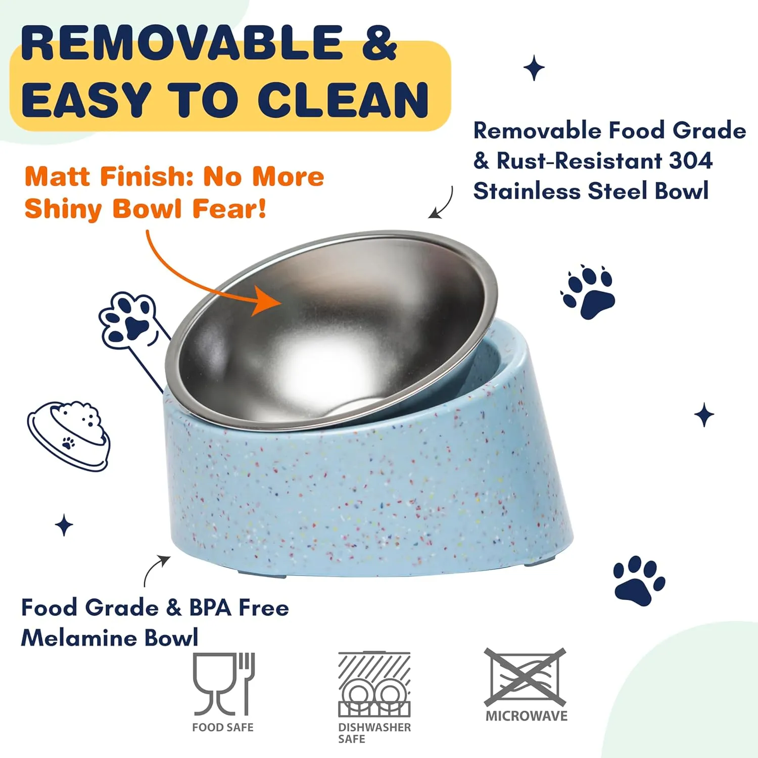 Bzyoo 2 Cup Tilted Dog Bowl for Small Dogs & Cats, Stylish Sprinkle Design, Elevated, Stainless Steel 16oz Inner Bowl, Non-Skid, Reduce Spillage, BPA-Free, Dishwasher Safe Color:Blue