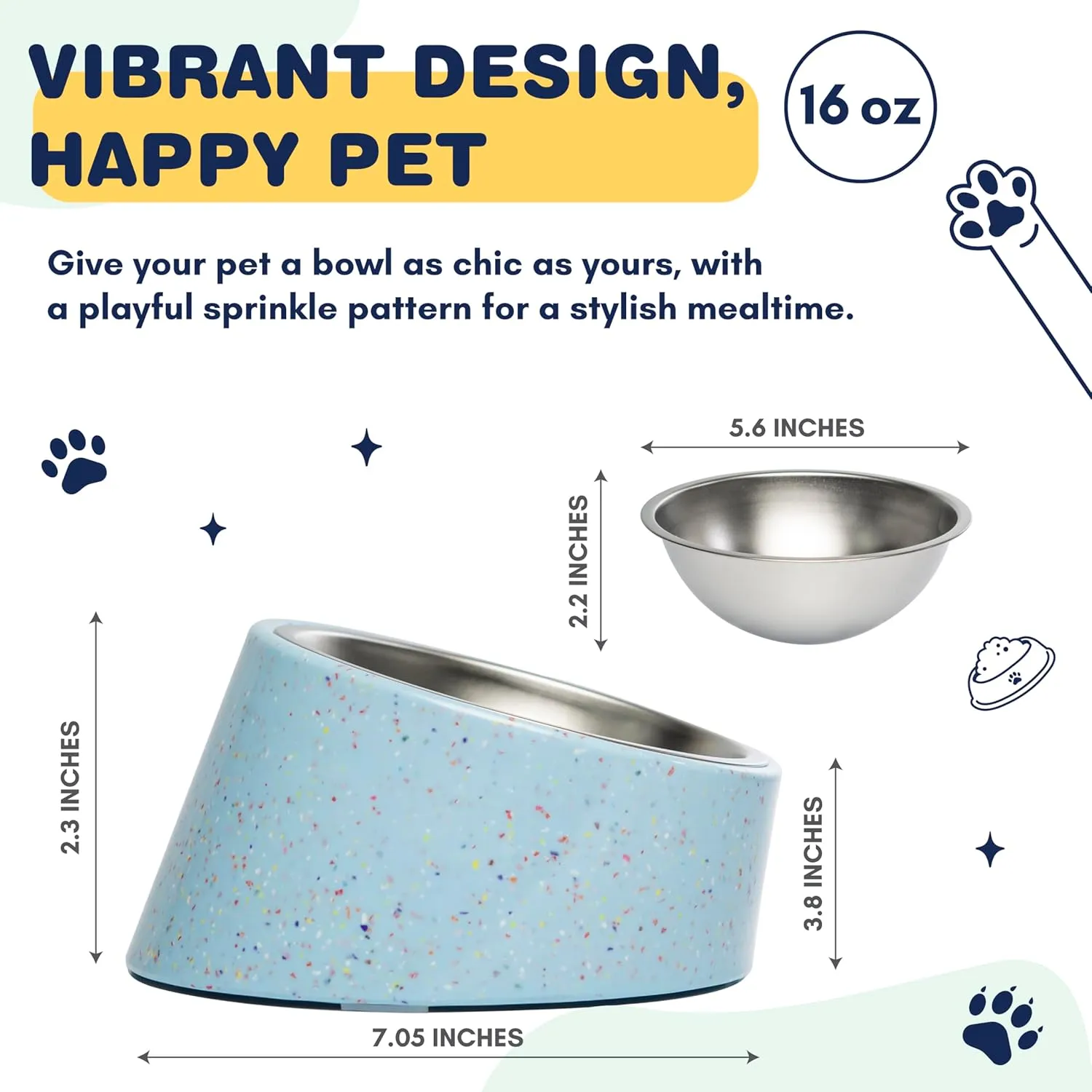 Bzyoo 2 Cup Tilted Dog Bowl for Small Dogs & Cats, Stylish Sprinkle Design, Elevated, Stainless Steel 16oz Inner Bowl, Non-Skid, Reduce Spillage, BPA-Free, Dishwasher Safe Color:Blue