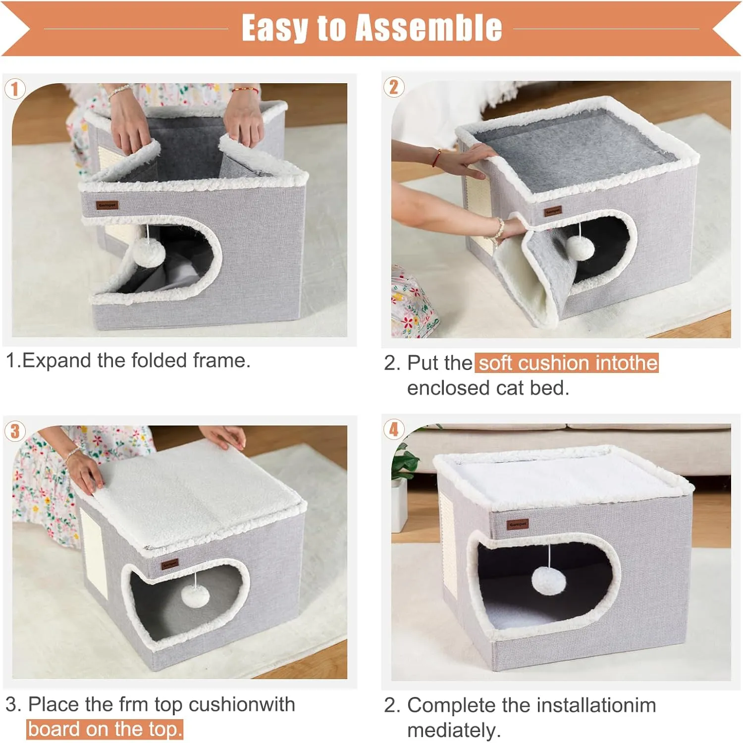 Cat Bed for Indoor Cats Cube House, Covered Cat Cave Beds & Furniture with Scratch Pad and Hideaway Tent, Cute Modern Cat Condo for Multi Small Pet Large Kitten Kitty, Large, Grey