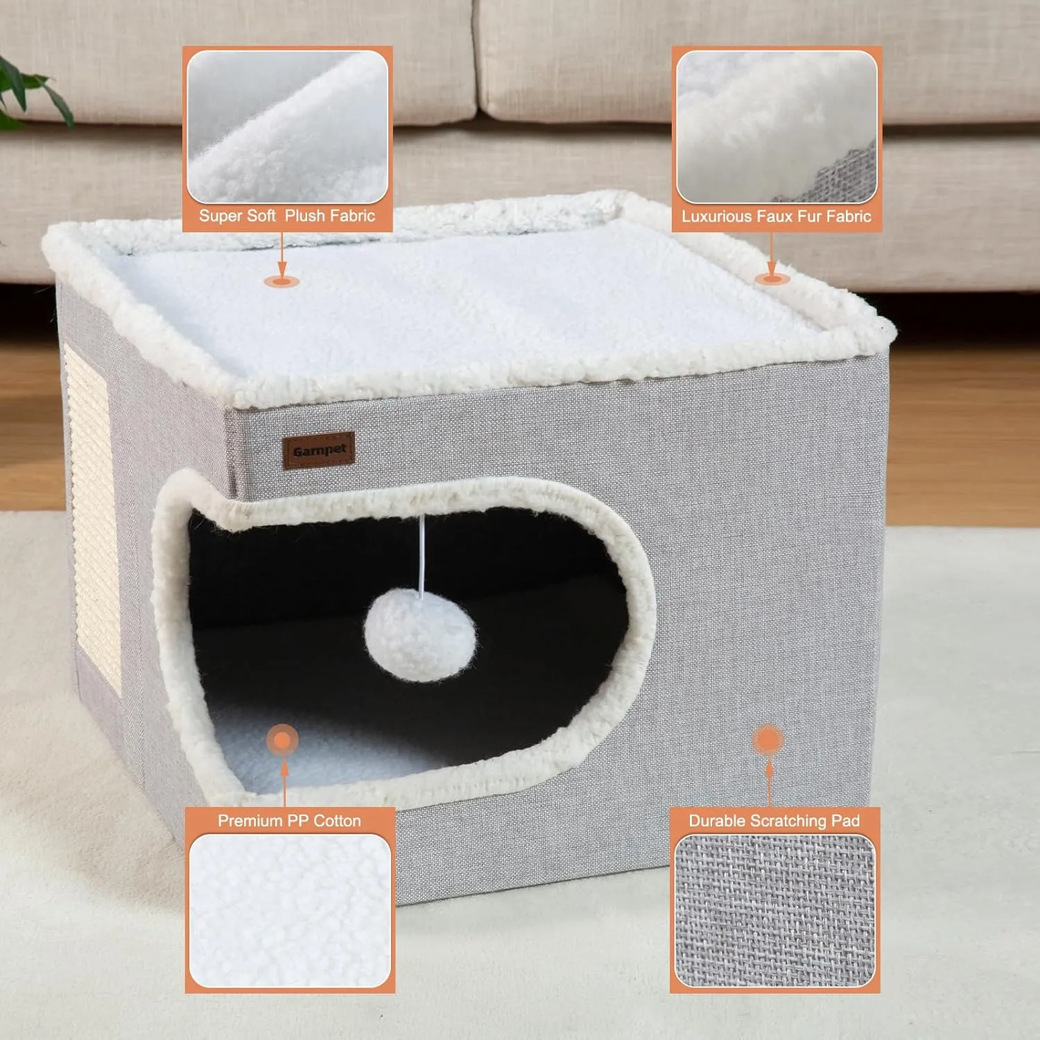 Cat Bed for Indoor Cats Cube House, Covered Cat Cave Beds & Furniture with Scratch Pad and Hideaway Tent, Cute Modern Cat Condo for Multi Small Pet Large Kitten Kitty, Large, Grey