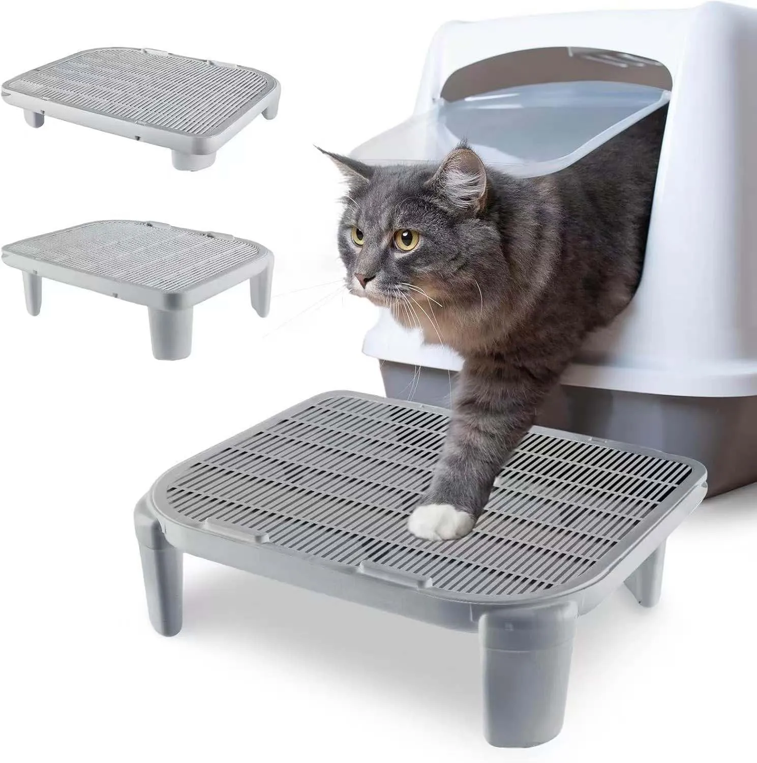 Cat Litter Ramp for Self-Cleaning Cat Litter Box Step Stairs, Double Layer Waterproof Urine Proof Trapping Mat Easy to Clean (19.7x16 Inch, Grey)