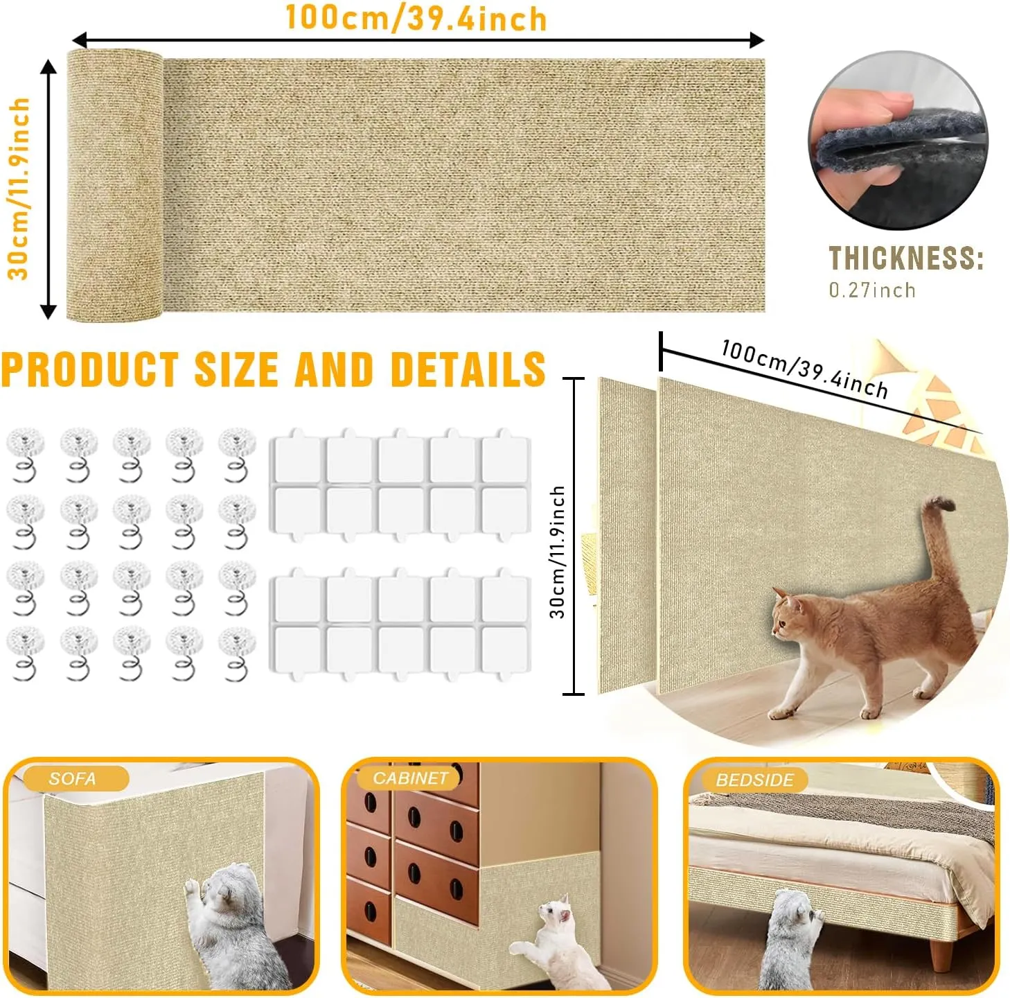 Cat Scratch Mat, 3PCS 39.4"x11.9" DIY Trimmable Self-Adhesive Cats Scratching Mat, Couch Protector from Cats Claw, Cat Scratch Furniture Protector Or Couch Protector (Beige)