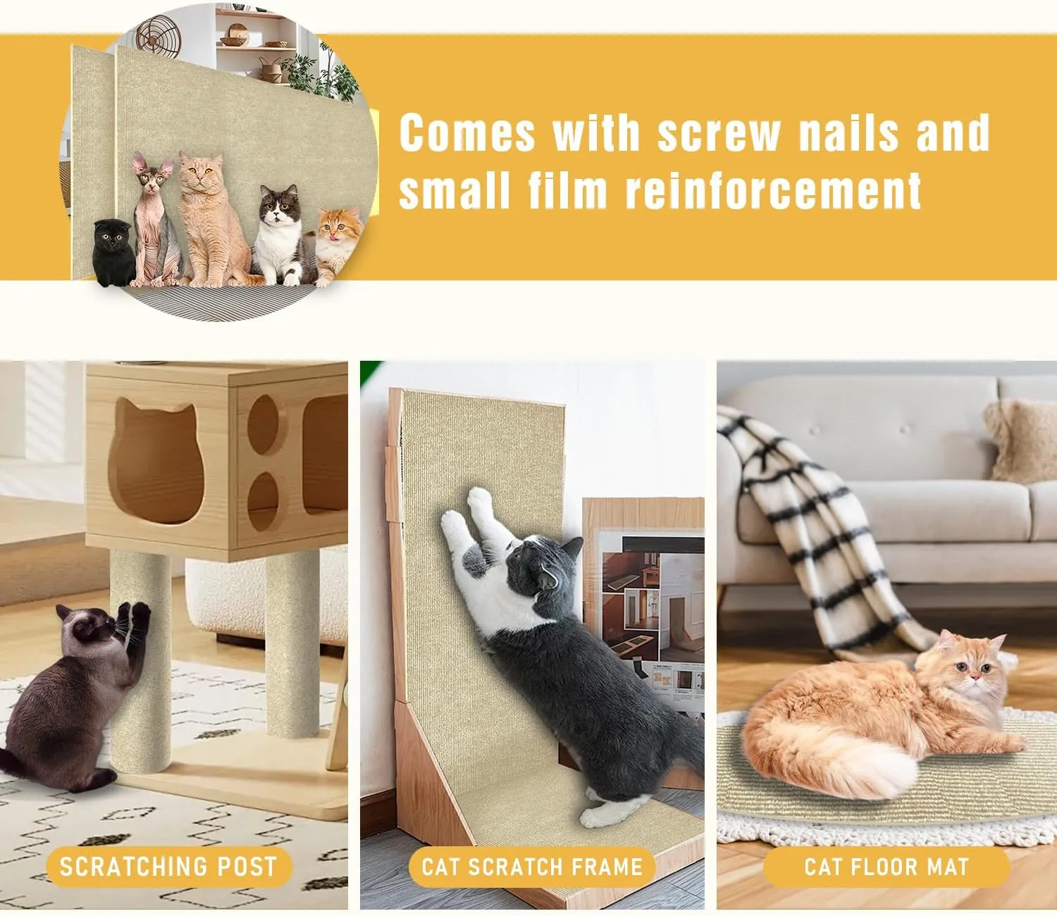 Cat Scratch Mat, 3PCS 39.4"x11.9" DIY Trimmable Self-Adhesive Cats Scratching Mat, Couch Protector from Cats Claw, Cat Scratch Furniture Protector Or Couch Protector (Beige)