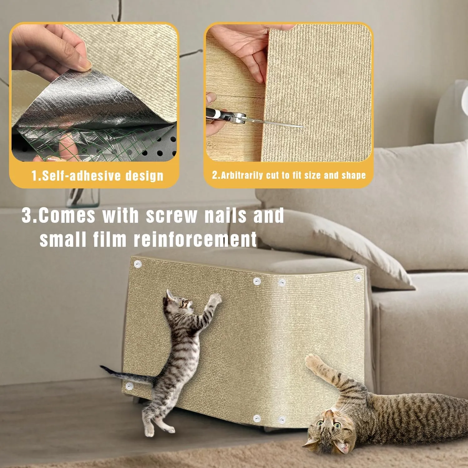Cat Scratch Mat, 3PCS 39.4"x11.9" DIY Trimmable Self-Adhesive Cats Scratching Mat, Couch Protector from Cats Claw, Cat Scratch Furniture Protector Or Couch Protector (Beige)