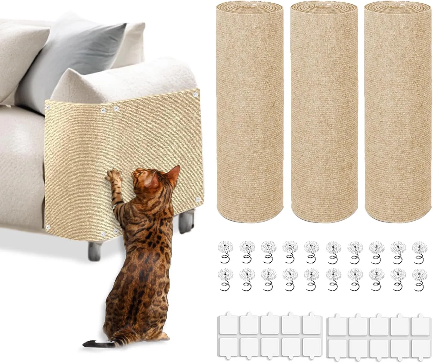 Cat Scratch Mat, 3PCS 39.4"x11.9" DIY Trimmable Self-Adhesive Cats Scratching Mat, Couch Protector from Cats Claw, Cat Scratch Furniture Protector Or Couch Protector (Beige)