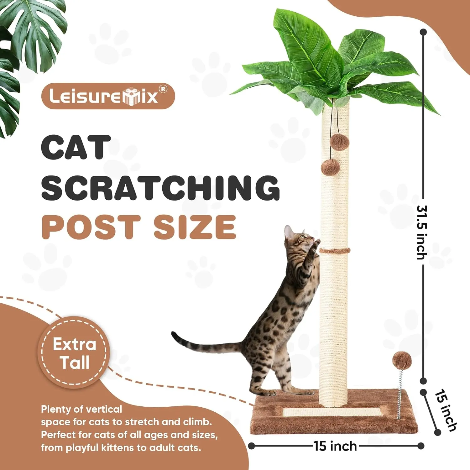 Cat Scratching Post 31.5" Tall Sisal Scratch Posts for Indoor Adult Cats, Large Palm Tree Cat Post with Dangling Balls, Cute Cat Scratching Post an Interactive Scratcher Cat Toy