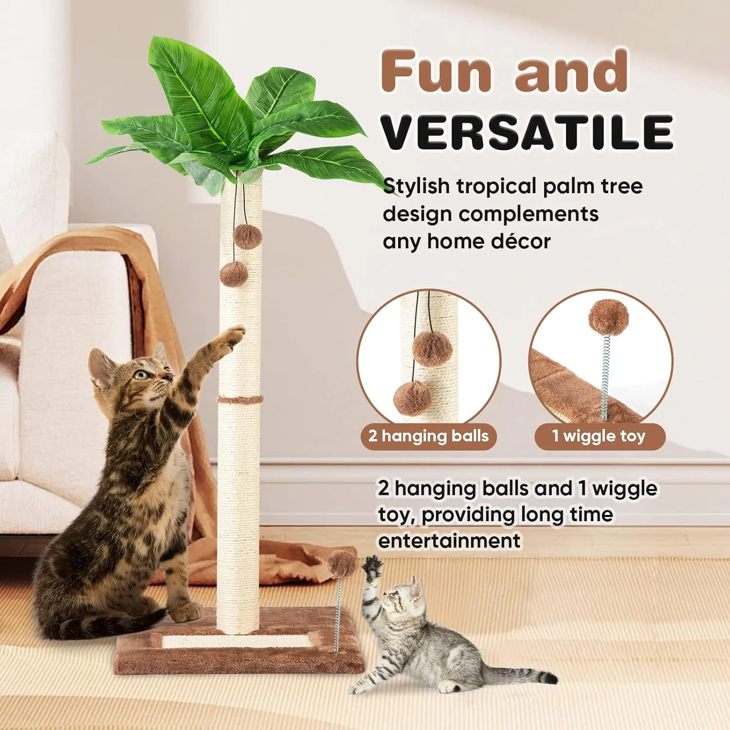 Cat Scratching Post 31.5" Tall Sisal Scratch Posts for Indoor Adult Cats, Large Palm Tree Cat Post with Dangling Balls, Cute Cat Scratching Post an Interactive Scratcher Cat Toy