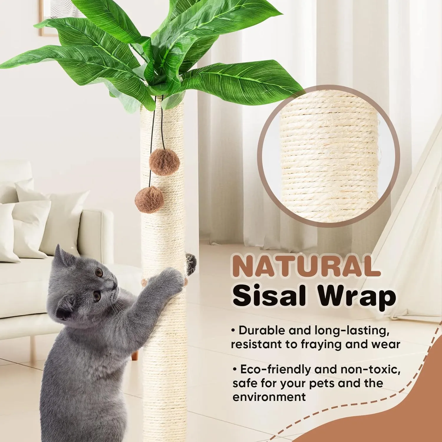 Cat Scratching Post 31.5" Tall Sisal Scratch Posts for Indoor Adult Cats, Large Palm Tree Cat Post with Dangling Balls, Cute Cat Scratching Post an Interactive Scratcher Cat Toy