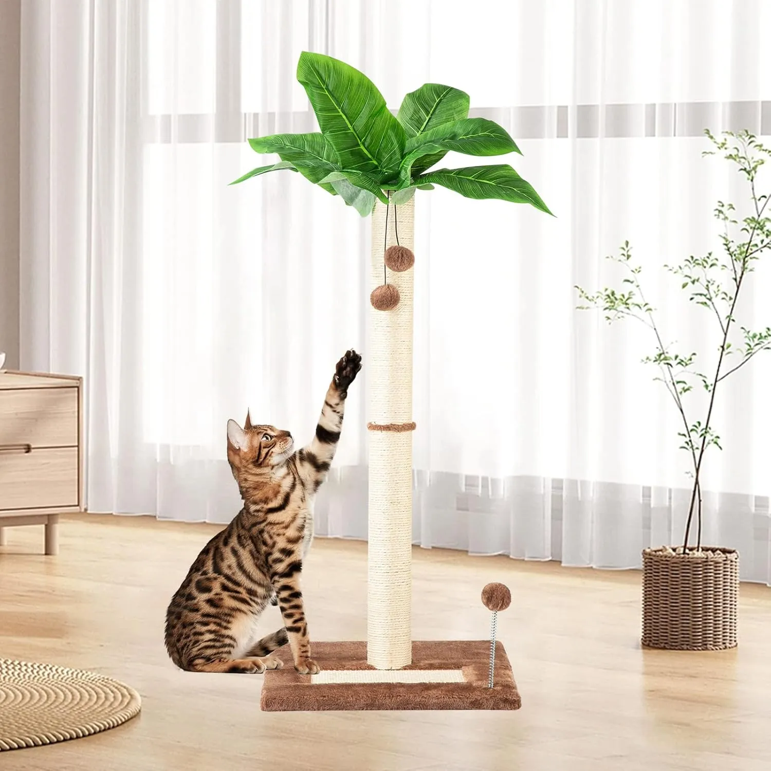 Cat Scratching Post 31.5" Tall Sisal Scratch Posts for Indoor Adult Cats, Large Palm Tree Cat Post with Dangling Balls, Cute Cat Scratching Post an Interactive Scratcher Cat Toy