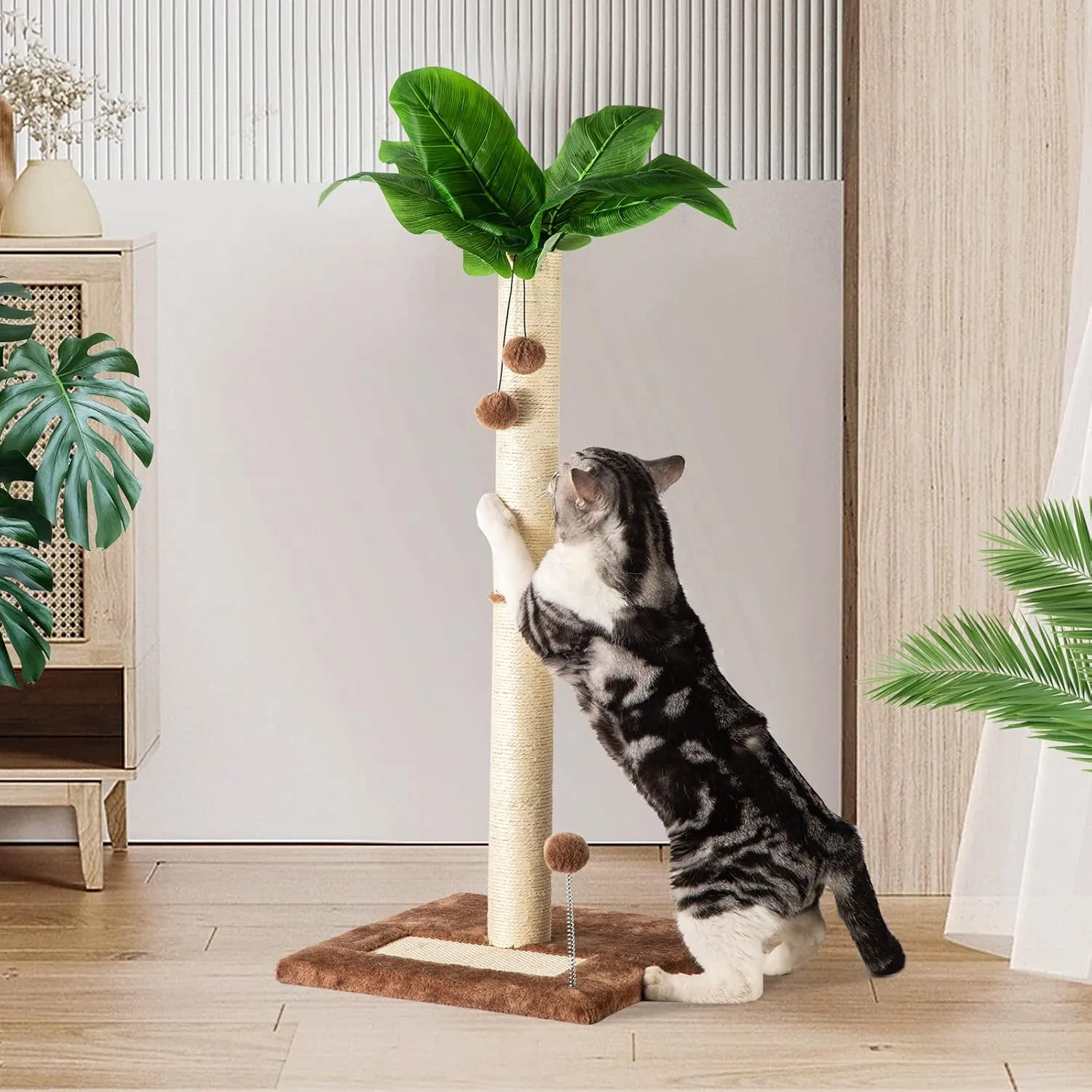 Cat Scratching Post 31.5" Tall Sisal Scratch Posts for Indoor Adult Cats, Large Palm Tree Cat Post with Dangling Balls, Cute Cat Scratching Post an Interactive Scratcher Cat Toy
