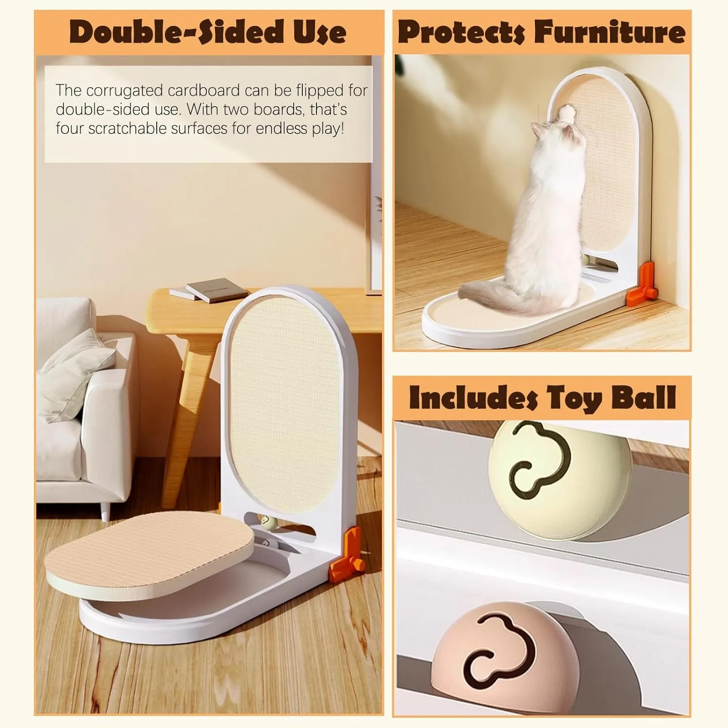 Cat Scratching Post with L Shape,45.28 Inch Cat Scratching Board,Cardboard Cat Scratchers for Indoor Cats,Cat Scratching Mat with Ball Toy,Scratch Pad for Cats,Adjustable,Protecting Furniture (White)