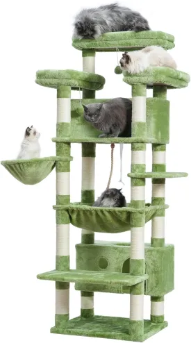 Cat Tree for Indoor Cats Large Adult, 74" Cat Tower with 3 Big Platforms, 2 Baskets, 2 Condos, Multi-Level Cat Scratching Posts, Green GCT030GR