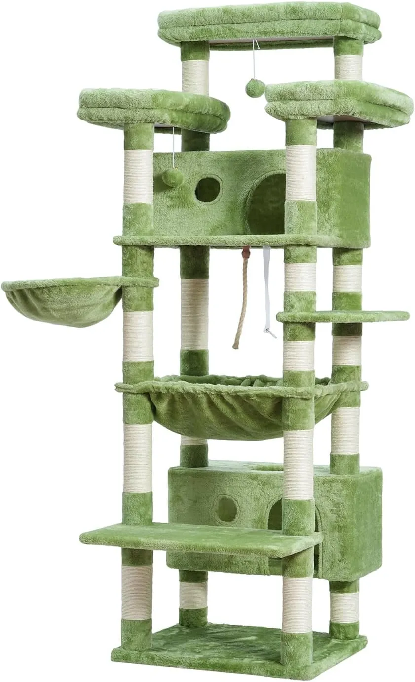 Cat Tree for Indoor Cats Large Adult, 74" Cat Tower with 3 Big Platforms, 2 Baskets, 2 Condos, Multi-Level Cat Scratching Posts, Green GCT030GR