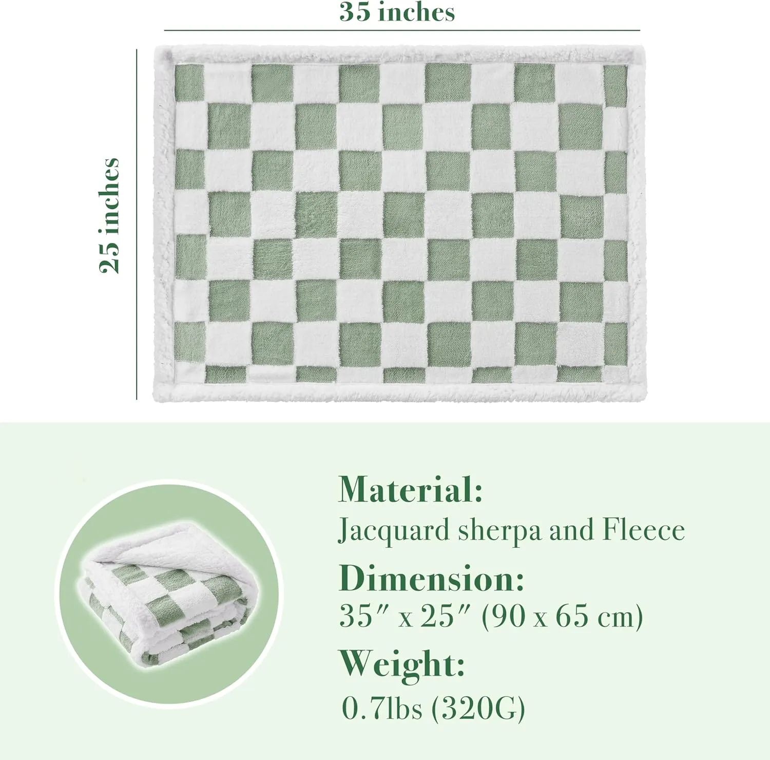 Checkered Dog Blanket, Sage Green Jacquard Sherpa Blankets for Small Dog and Cats, Cute Aesthetic Style Fluffy Fleece Pets Blanket for Couch Protection Washable, 25"x35"