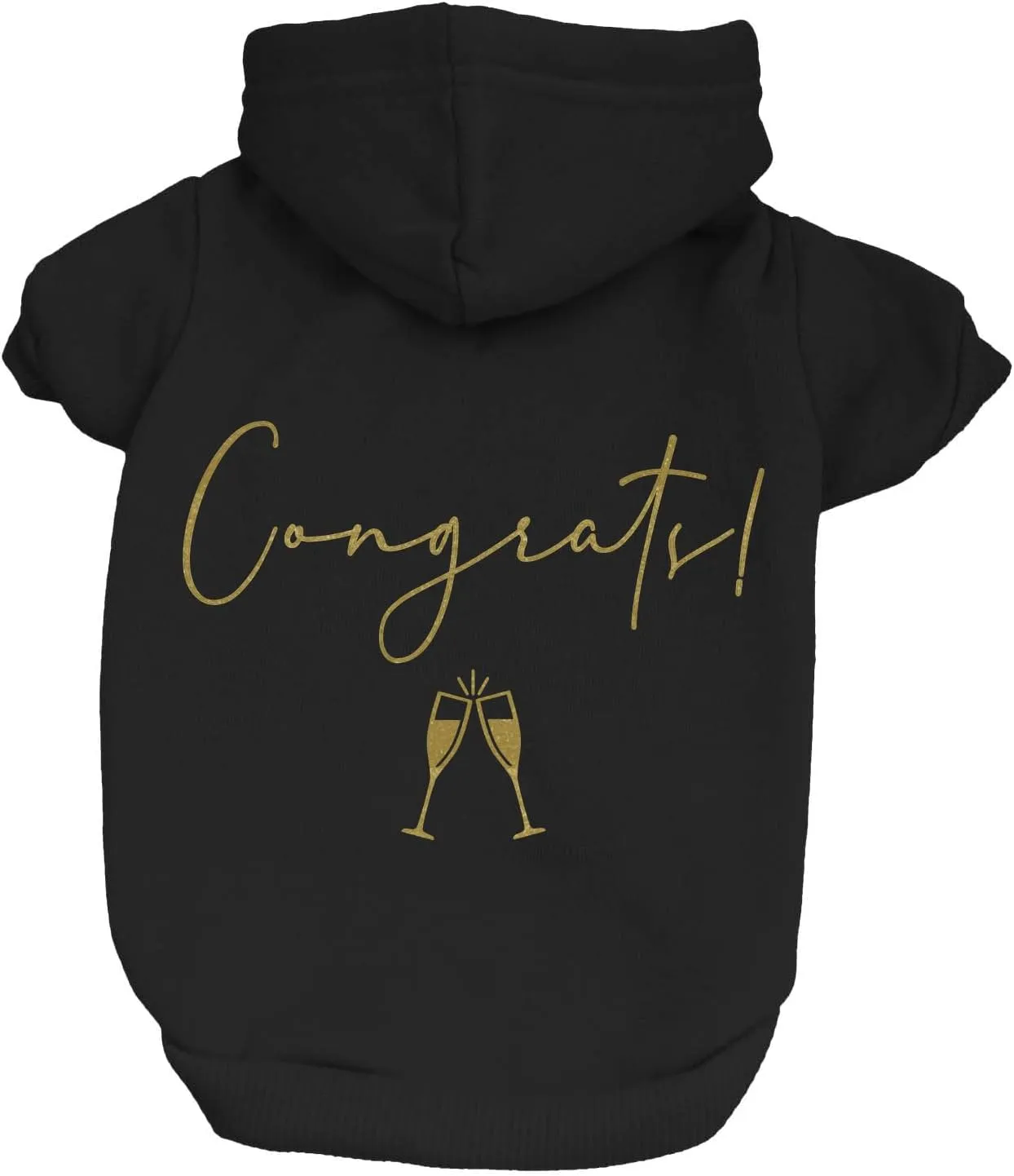 Congrats with Champagne Flutes Dog Hoodie | Fleece Lined |Leash Hole| Wedding Photo Prop | Bridal Shower | Engagement Announcement | Graduation |Black, Medium (612)