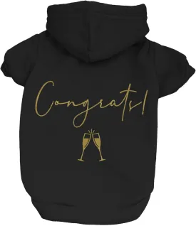 Congrats with Champagne Flutes Dog Hoodie | Fleece Lined |Leash Hole| Wedding Photo Prop | Bridal Shower | Engagement Announcement | Graduation |Black, Medium (612)