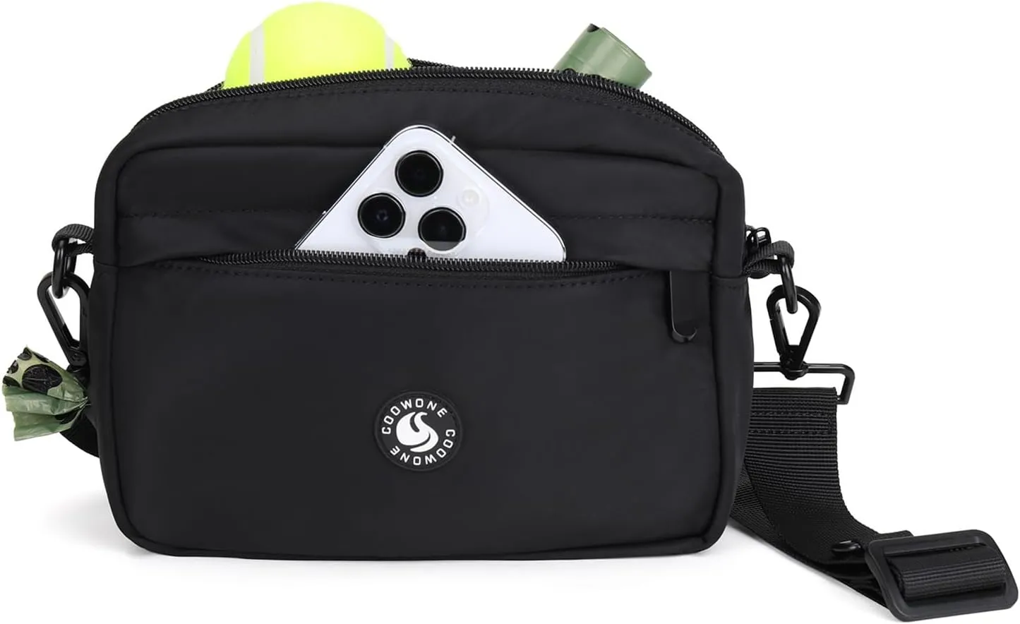 COOWONE Dog Training Treat Pouch for Treats, Kibbles, Toys, Fanny Pack with Small Pouch, Cross-Body Bag Built in Poop Bag Dispenser, Pet Food Carrier Bag Outdoor Travel Shoulder Bag (Black 2.0)