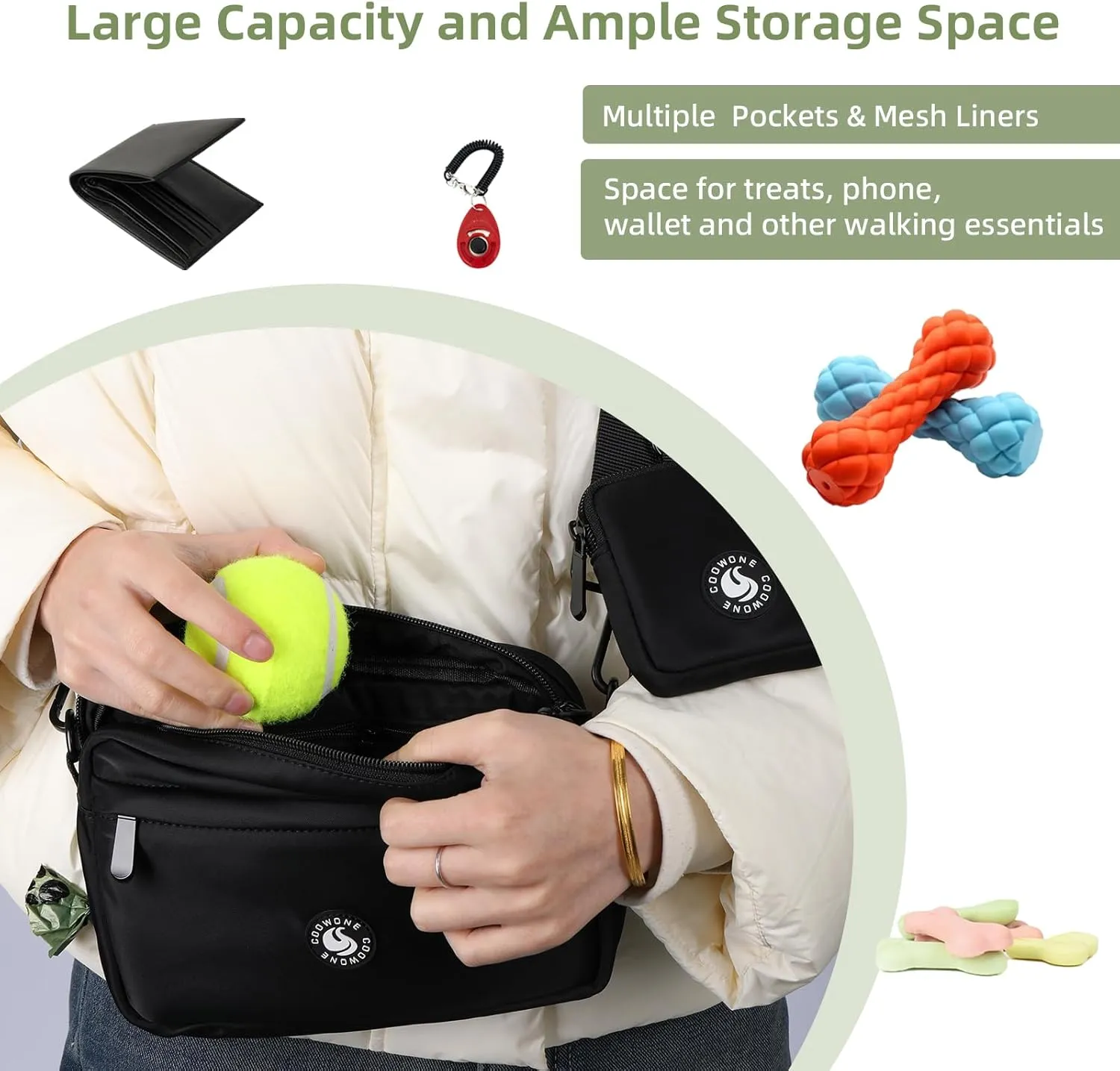 COOWONE Dog Training Treat Pouch for Treats, Kibbles, Toys, Fanny Pack with Small Pouch, Cross-Body Bag Built in Poop Bag Dispenser, Pet Food Carrier Bag Outdoor Travel Shoulder Bag (Black 2.0)