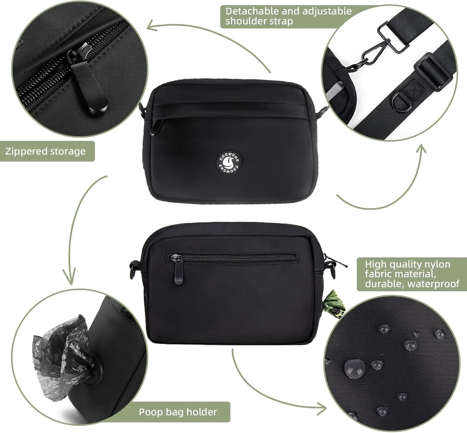 COOWONE Dog Training Treat Pouch for Treats, Kibbles, Toys, Fanny Pack with Small Pouch, Cross-Body Bag Built in Poop Bag Dispenser, Pet Food Carrier Bag Outdoor Travel Shoulder Bag (Black 2.0)