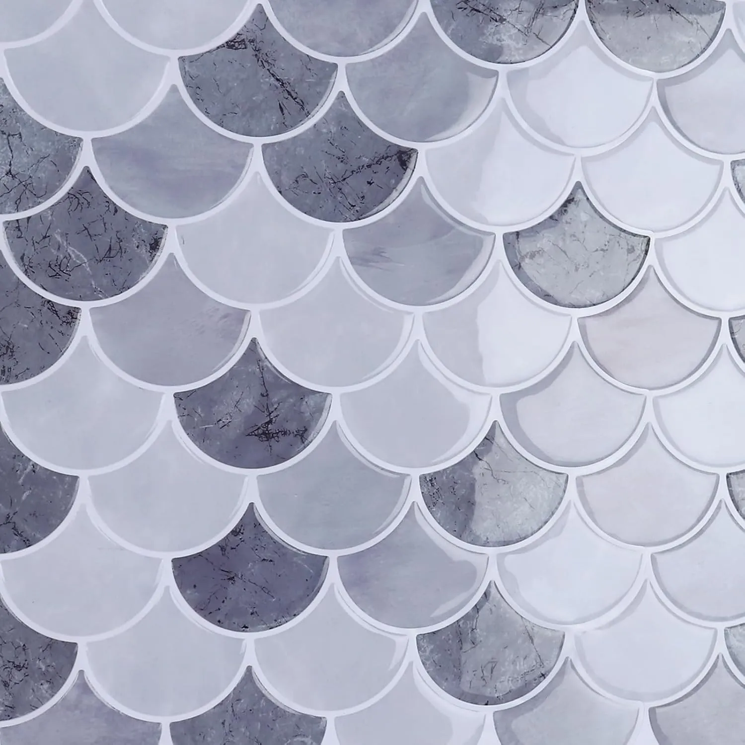 CRE8TIVE 16 Sheets Light Grey Peel and Stick Tile for Bathroom Kitchen Backsplash Tile Stickers Peel and Stick on Backsplash 12"x12" Fish Scale Removable Back Splash for Renters Living Room Fireplace