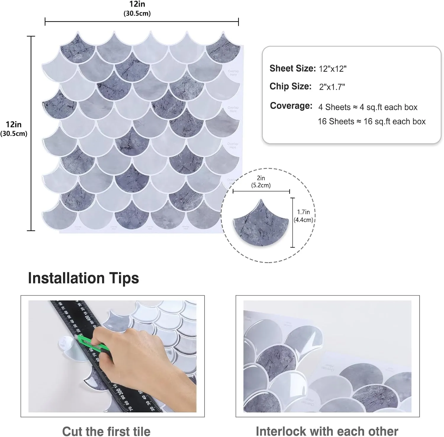 CRE8TIVE 16 Sheets Light Grey Peel and Stick Tile for Bathroom Kitchen Backsplash Tile Stickers Peel and Stick on Backsplash 12"x12" Fish Scale Removable Back Splash for Renters Living Room Fireplace