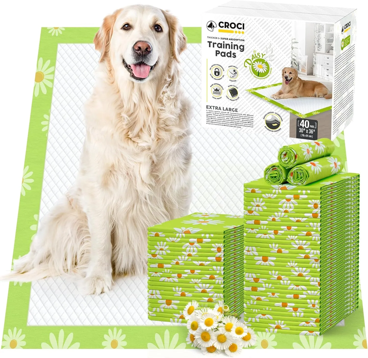 CROCI Dog Pads Daisy Fragrance 30x36in Puppy Pads, Odor Eliminating Pee Pads for Dogs Super Absorption Up to 10 Cups Urine, Leak-Poof & Quick Dry Dog Pee Pads Disposable (40 Counts)