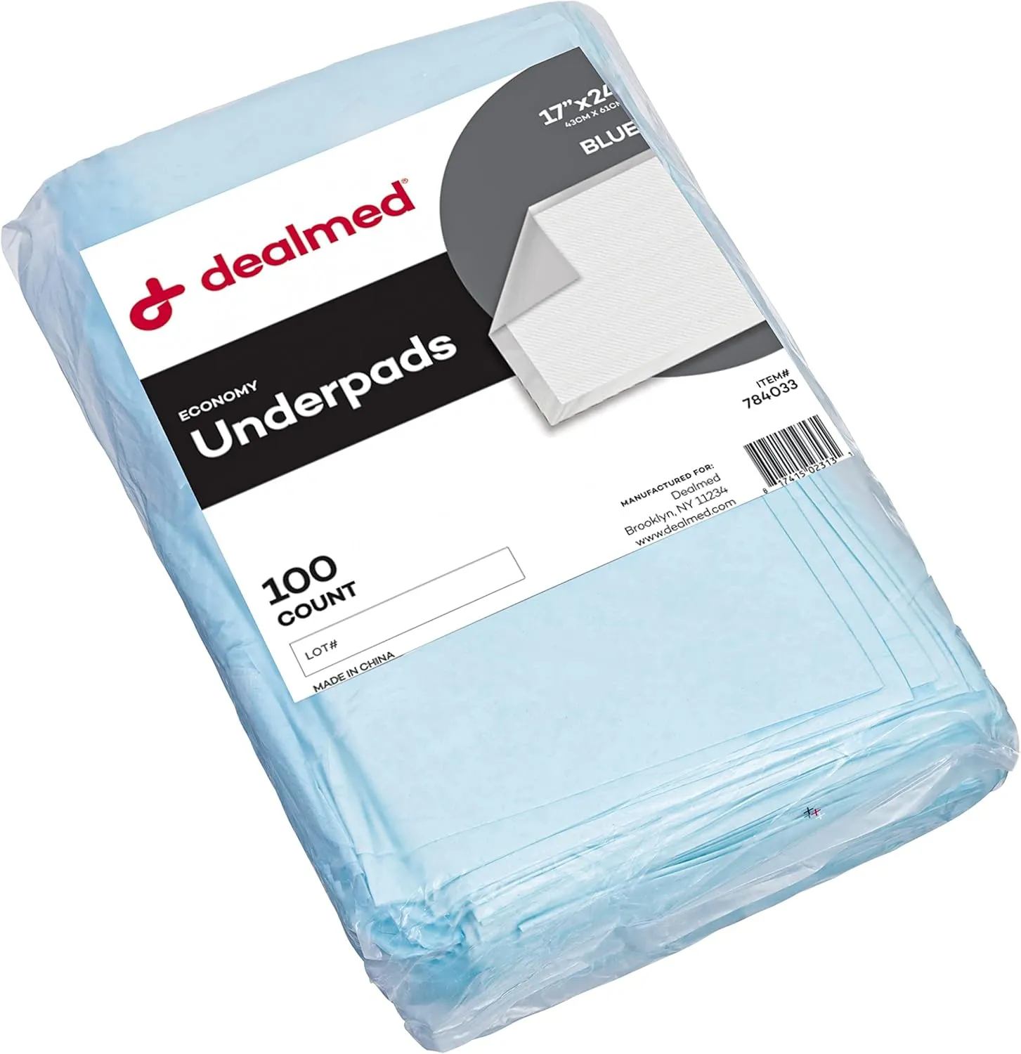 Dealmed (100 Count) Economy Absorbency Disposable Underpads 2-Ply Tissue Fill, 17" X 24 Blue, Perfect as Pet Pads Puppy Training, Medical Table Barrier, Liquid Accident, 100 Pads